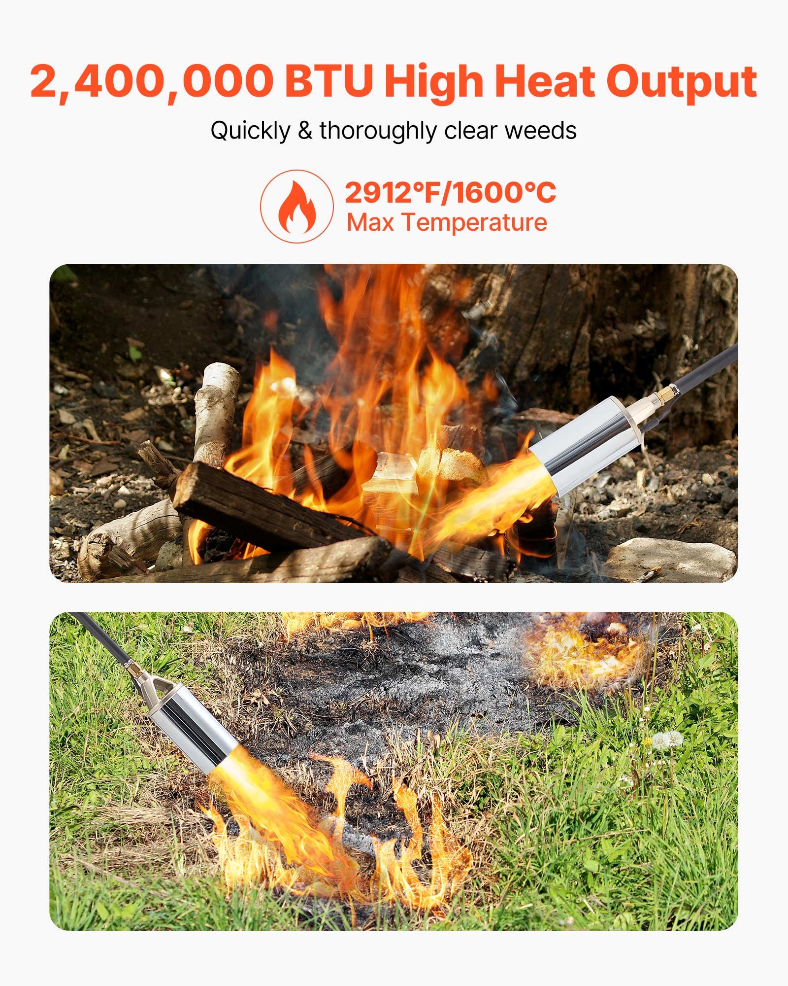 VEVOR Propane Torch Weed Burner, High Output 2,400,000 BTU with 3 m Hose, Heavy Duty Blow Torch with Adjustable Flame and Turbo Trigger Push Button Igniter, Flamethrower Kit for Garden Ice Snow Road