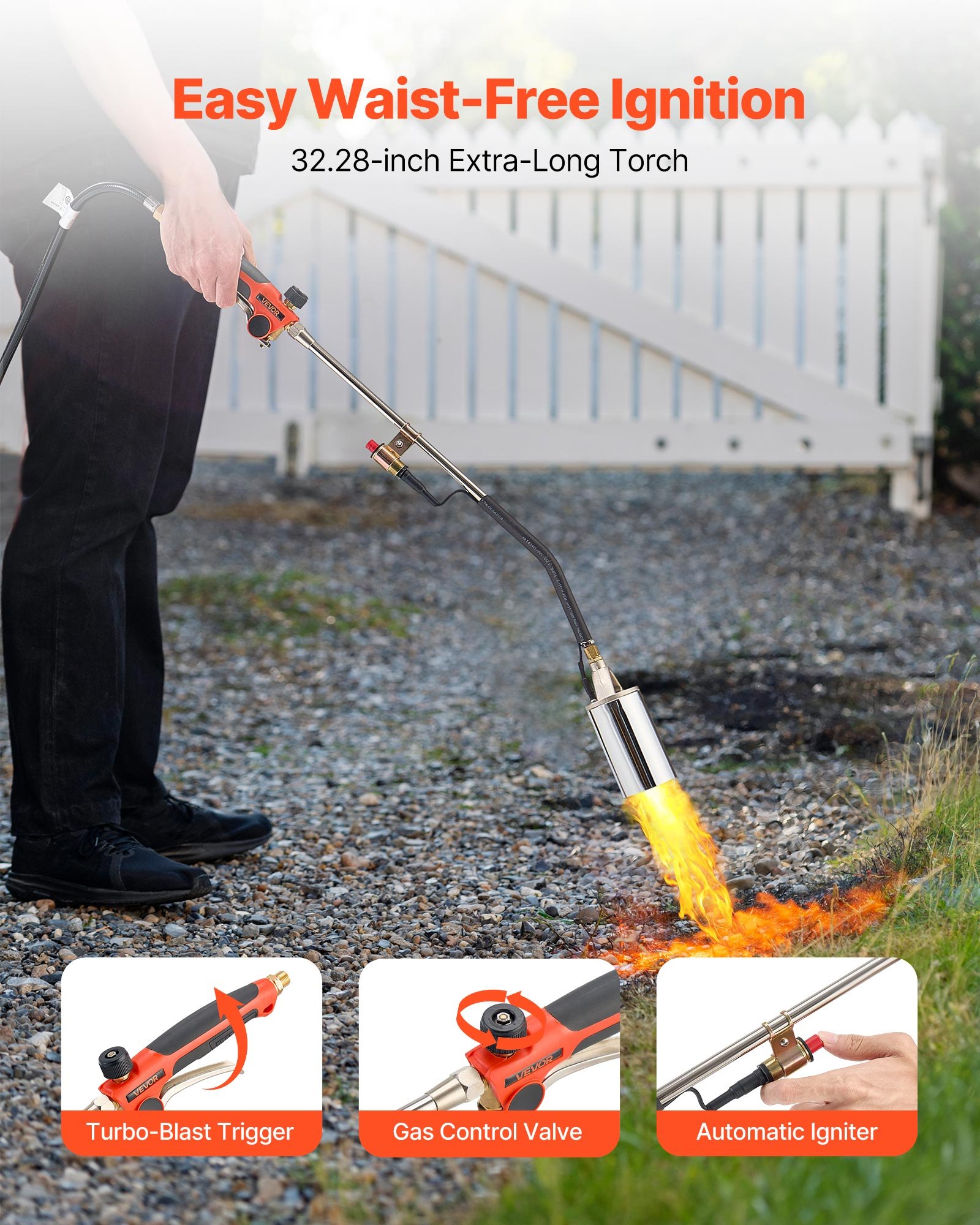 VEVOR Propane Torch Weed Burner, High Output 2,400,000 BTU with 3 m Hose, Heavy Duty Blow Torch with Adjustable Flame and Turbo Trigger Push Button Igniter, Flamethrower Kit for Garden Ice Snow Road