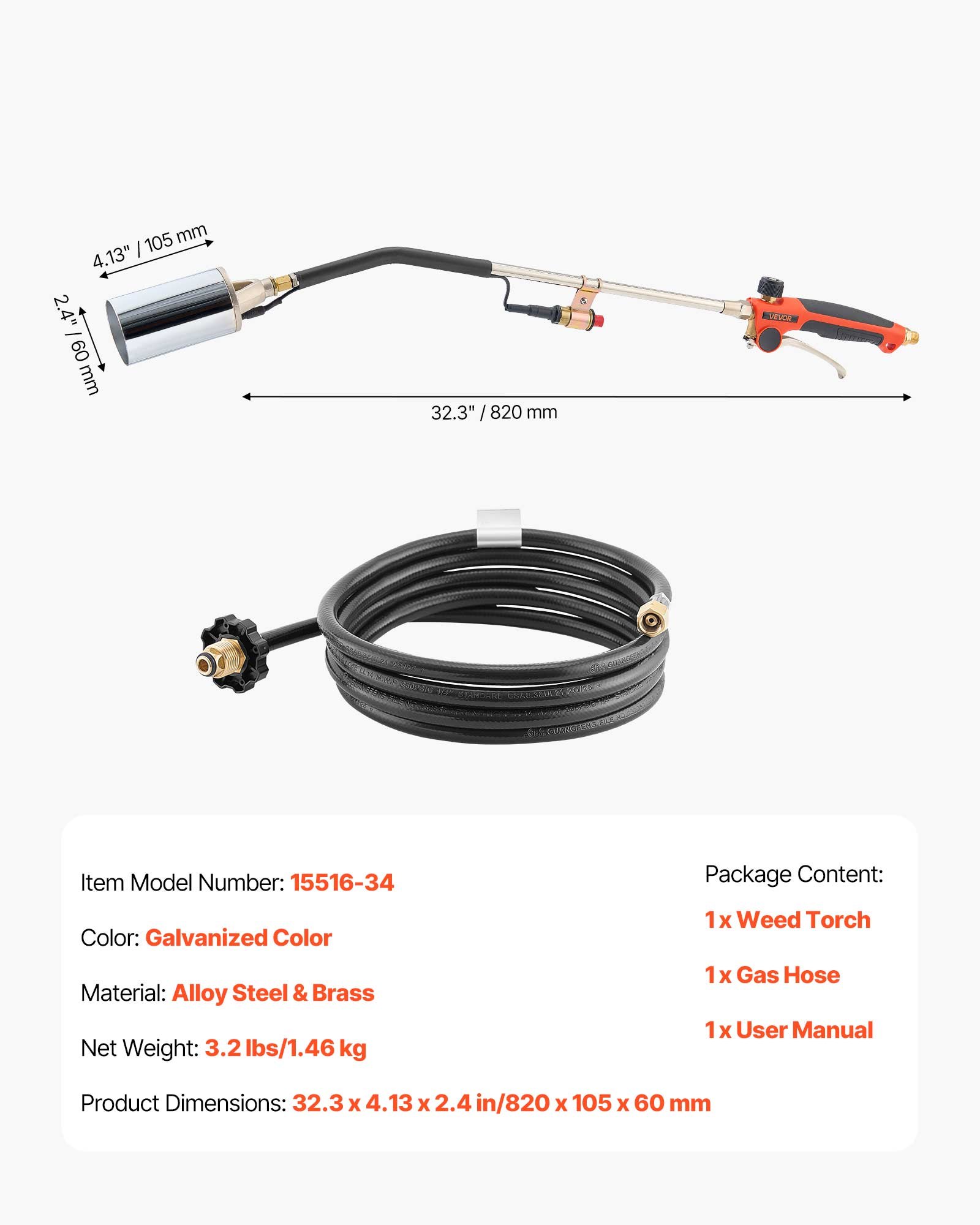 VEVOR Propane Torch Weed Burner, High Output 2,400,000 BTU with 3 m Hose, Heavy Duty Blow Torch with Adjustable Flame and Turbo Trigger Push Button Igniter, Flamethrower Kit for Garden Ice Snow Road