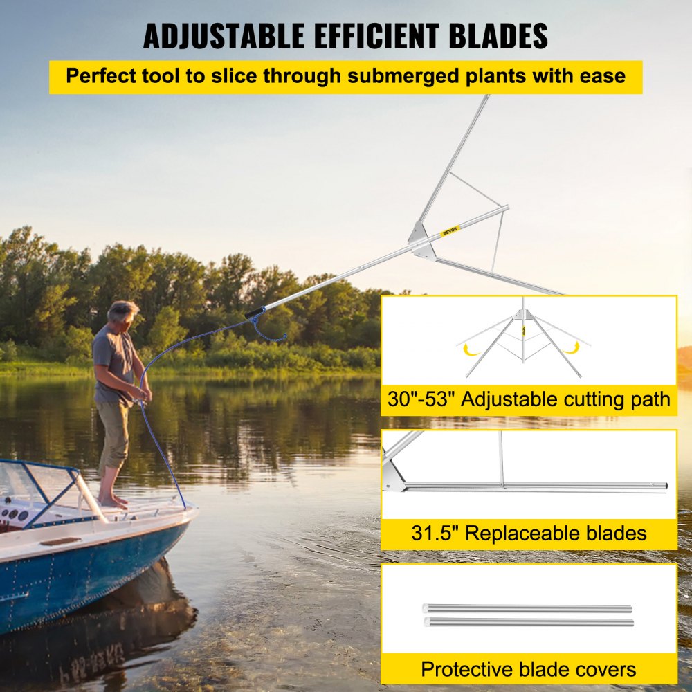 VEVOR Aquatic Weed Cutter, 30"-53" Adjustable Cutting Path Water Grass Cutter, Stainless Steel Blades Lake Weed Cutter, Weed Rake w/ 33 ft. Rope, Aluminum Alloy Handle, for Beach, Pond & Lake