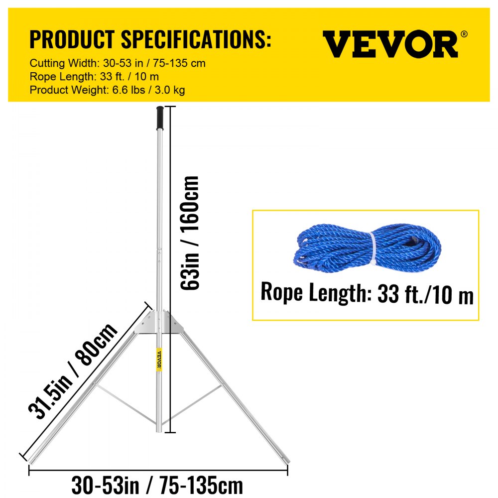 VEVOR Aquatic Weed Cutter, 30"-53" Adjustable Cutting Path Water Grass Cutter, Stainless Steel Blades Lake Weed Cutter, Weed Rake w/ 33 ft. Rope, Aluminum Alloy Handle, for Beach, Pond & Lake