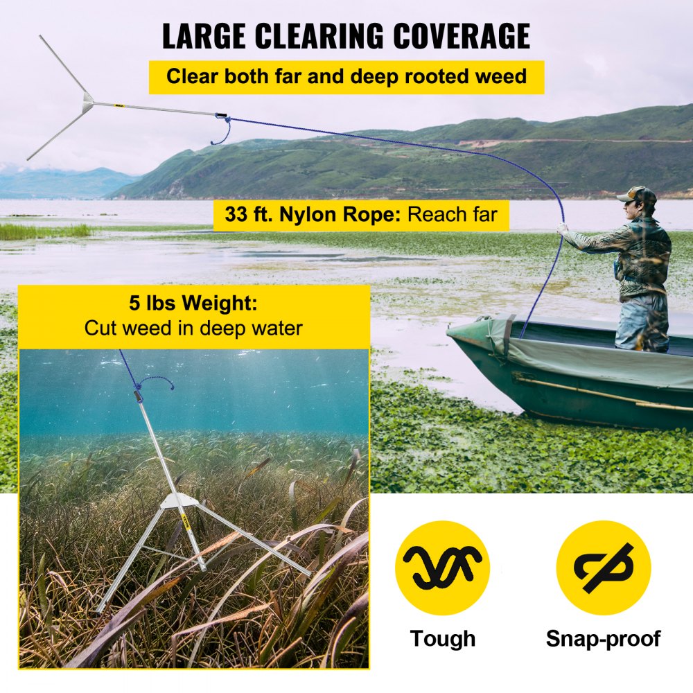 VEVOR Aquatic Weed Cutter, 30" Cutting Path Water Grass Cutter, Stainless Steel Blades Lake Weed Cutter, Weed Rake with 33 ft. Rope, Blade Covers, and Aluminum Alloy Handle for Beach, Pond, and Lake