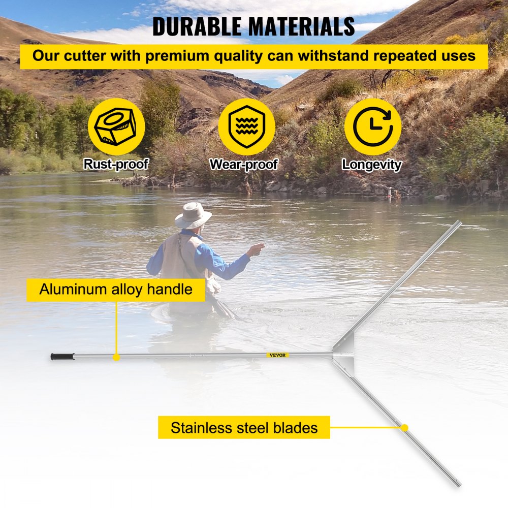 VEVOR Aquatic Weed Cutter, 30" Cutting Path Water Grass Cutter, Stainless Steel Blades Lake Weed Cutter, Weed Rake with 33 ft. Rope, Blade Covers, and Aluminum Alloy Handle for Beach, Pond, and Lake