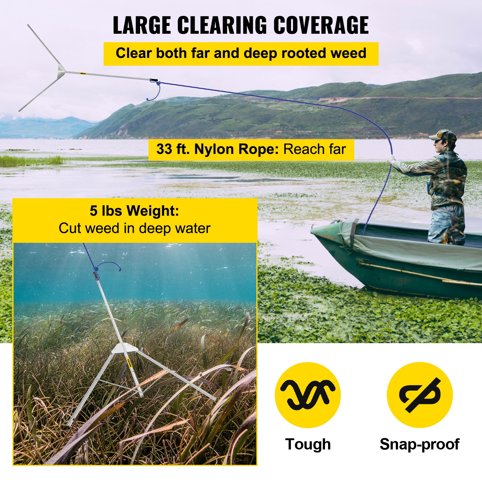 VEVOR Aquatic Weed Cutter, 30" Cutting Path Water Grass Cutter, Stainless Steel Blades Lake Weed Cutter, Weed Rake with 33 ft. Rope, Blade Covers, and Aluminum Alloy Handle for Beach, Pond, and Lake