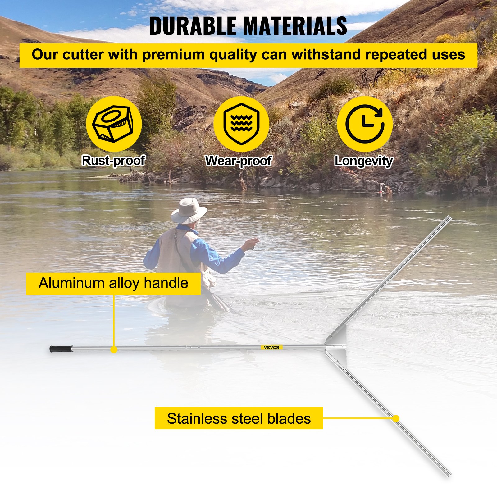 VEVOR Aquatic Weed Cutter, 30" Cutting Path Water Grass Cutter, Stainless Steel Blades Lake Weed Cutter, Weed Rake with 33 ft. Rope, Blade Covers, and Aluminum Alloy Handle for Beach, Pond, and Lake