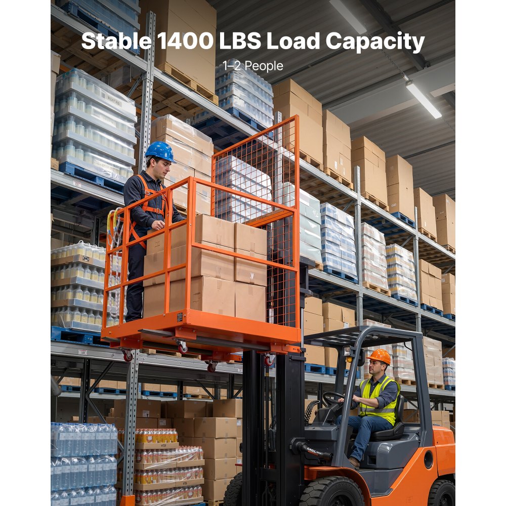 VEVOR Forklift Safety Cage, 1225 x 1148 mm, Heavy Duty Forklift Man Basket, 635.03 kg Capacity Work Platform Lift Basket with Safety Harness, Lock, Wheels, Drain Hole, for Aerial Work Lifting Loader