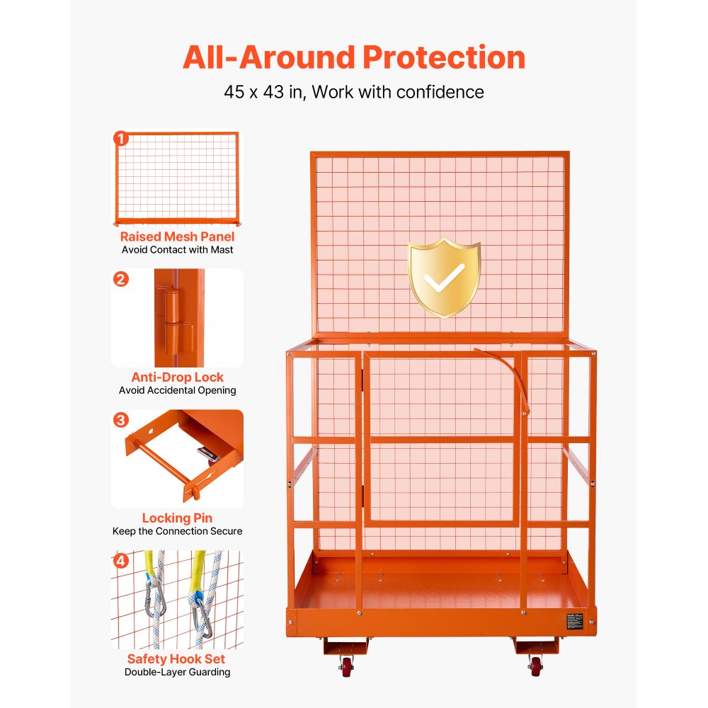 VEVOR Forklift Safety Cage, 1225 x 1148 mm, Heavy Duty Forklift Man Basket, 635.03 kg Capacity Work Platform Lift Basket with Safety Harness, Lock, Wheels, Drain Hole, for Aerial Work Lifting Loader