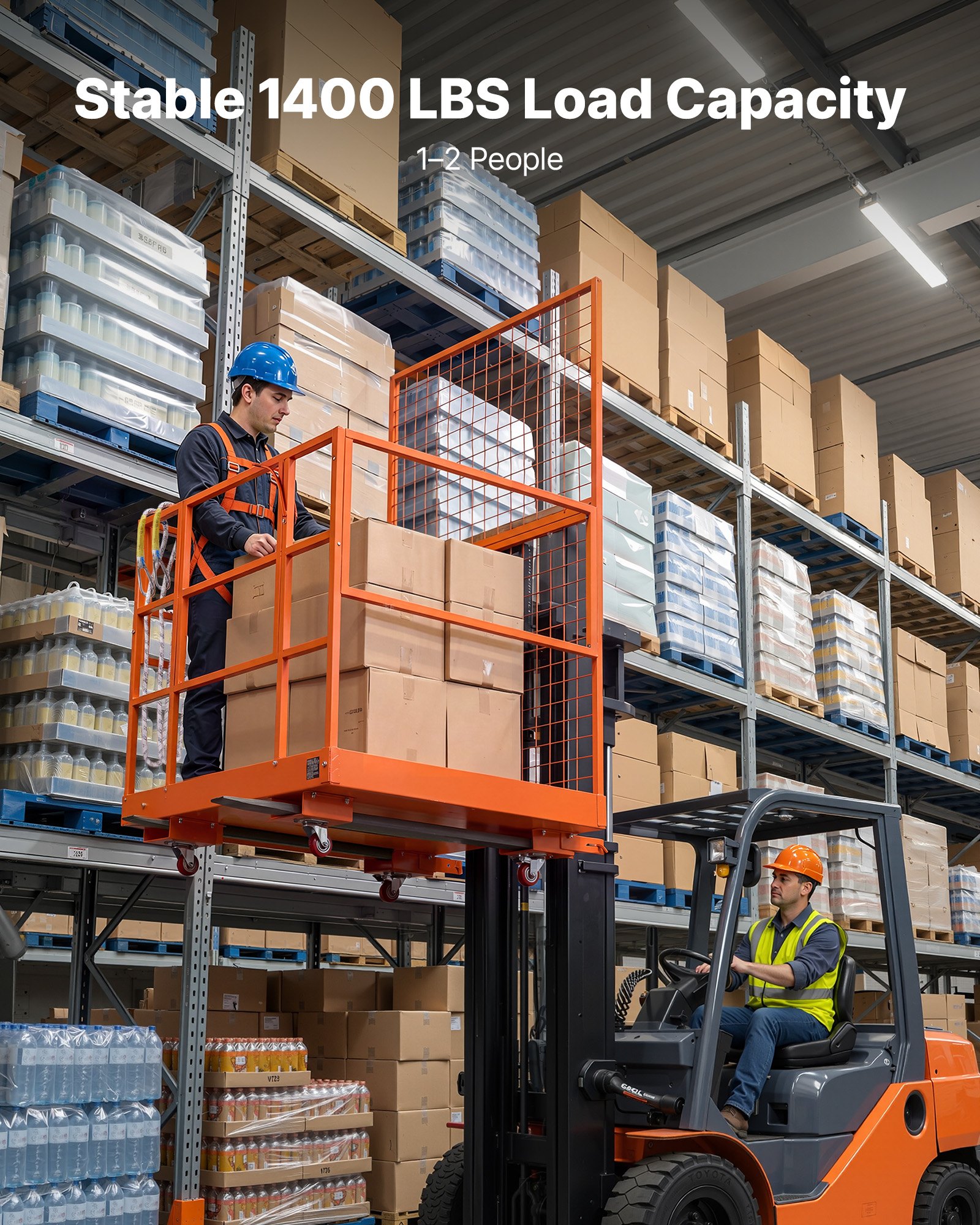 VEVOR Forklift Safety Cage, 1225 x 1148 mm, Heavy Duty Forklift Man Basket, 635.03 kg Capacity Work Platform Lift Basket with Safety Harness, Lock, Wheels, Drain Hole, for Aerial Work Lifting Loader