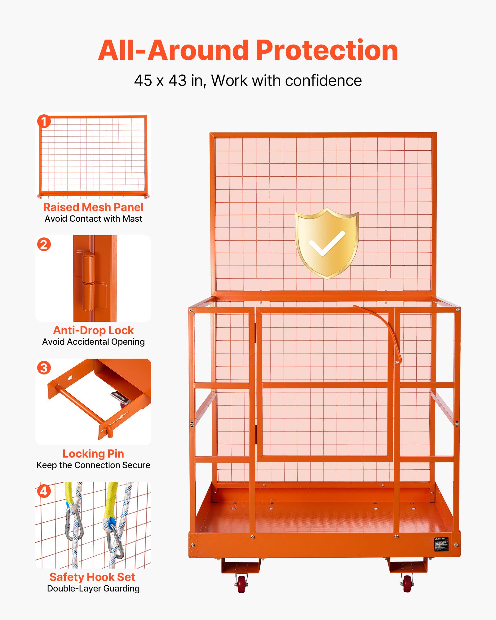 VEVOR Forklift Safety Cage, 1225 x 1148 mm, Heavy Duty Forklift Man Basket, 635.03 kg Capacity Work Platform Lift Basket with Safety Harness, Lock, Wheels, Drain Hole, for Aerial Work Lifting Loader