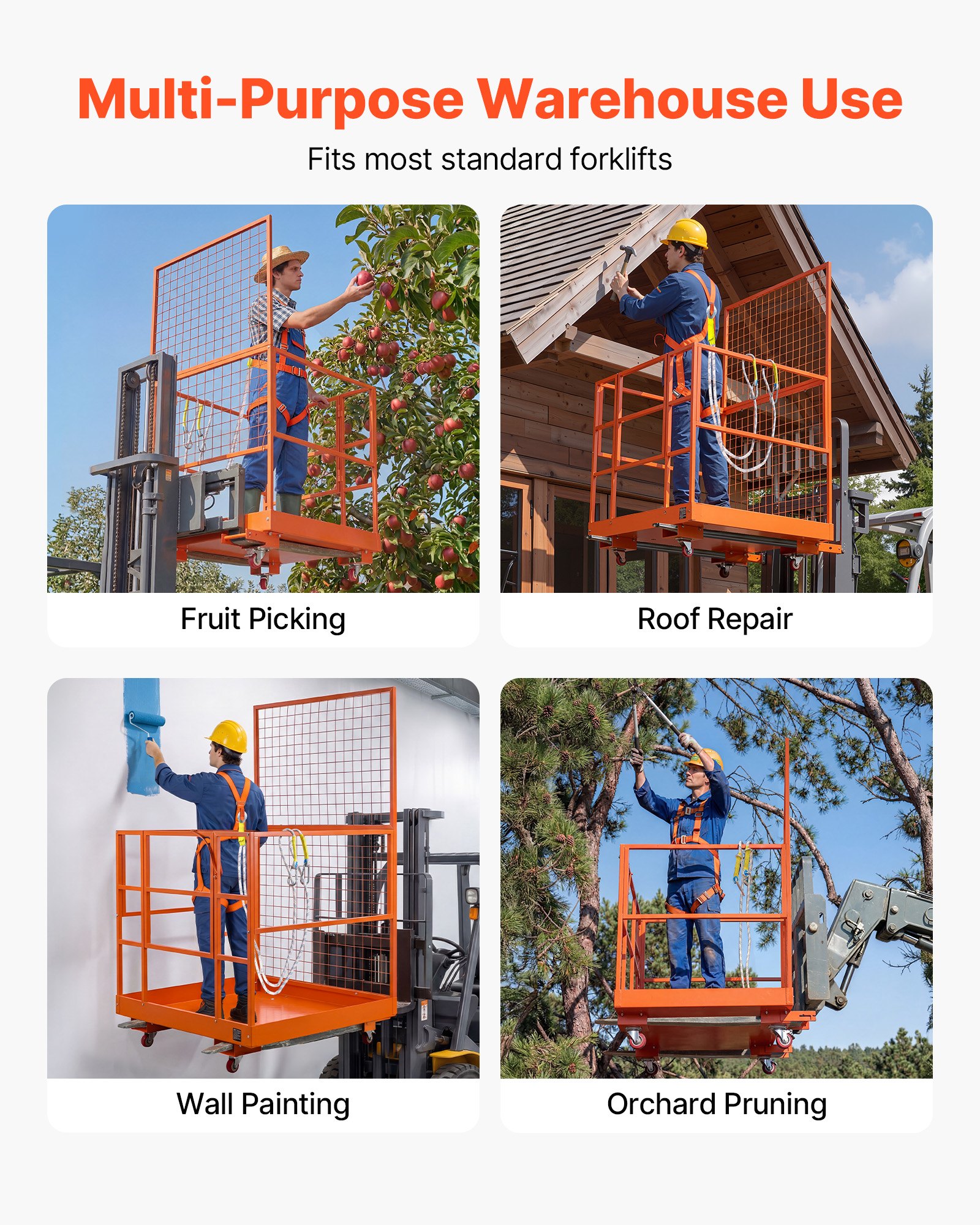 VEVOR Forklift Safety Cage, 1225 x 1148 mm, Heavy Duty Forklift Man Basket, 635.03 kg Capacity Work Platform Lift Basket with Safety Harness, Lock, Wheels, Drain Hole, for Aerial Work Lifting Loader