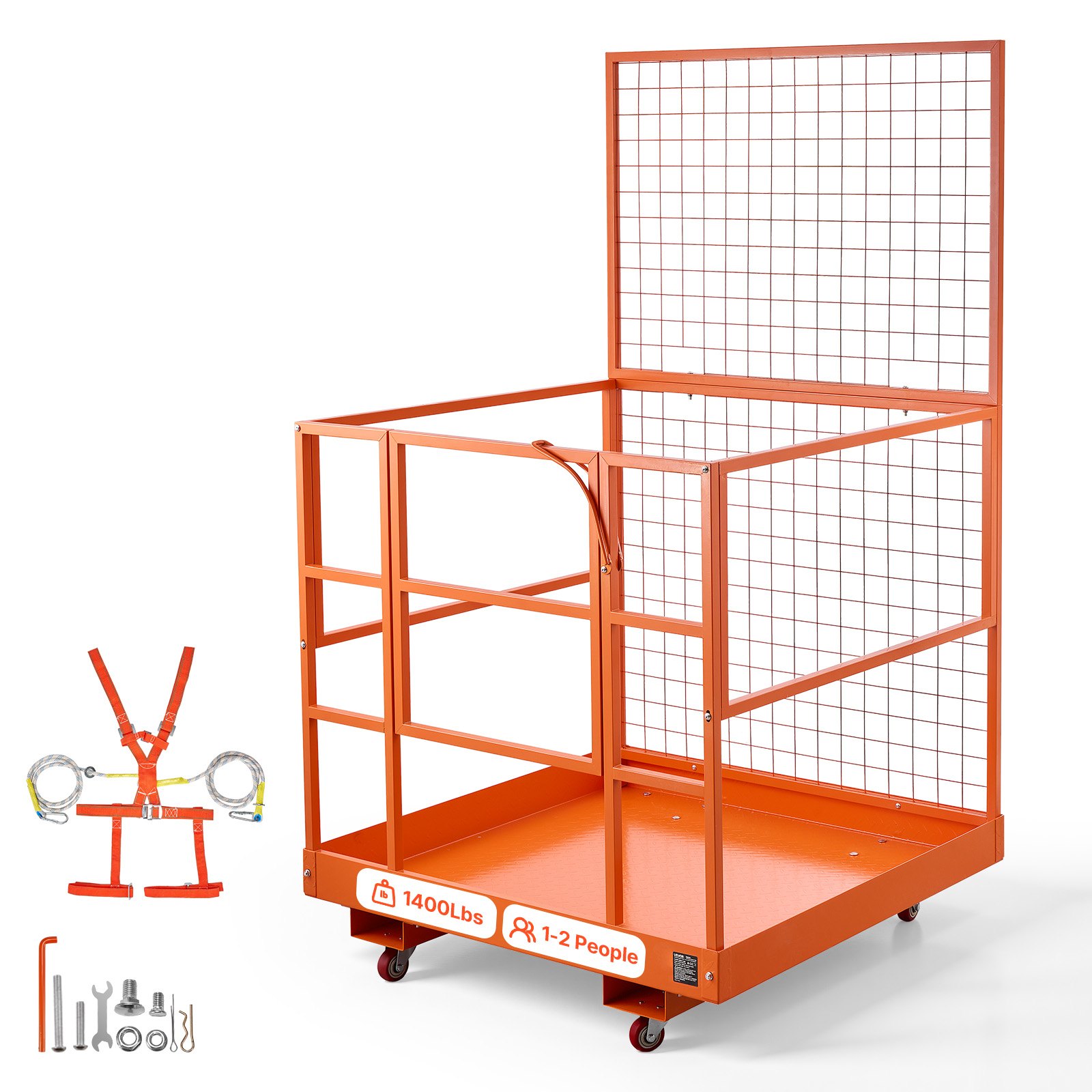 VEVOR Forklift Safety Cage, 1225 x 1148 mm, Heavy Duty Forklift Man Basket, 635.03 kg Capacity Work Platform Lift Basket with Safety Harness, Lock, Wheels, Drain Hole, for Aerial Work Lifting Loader