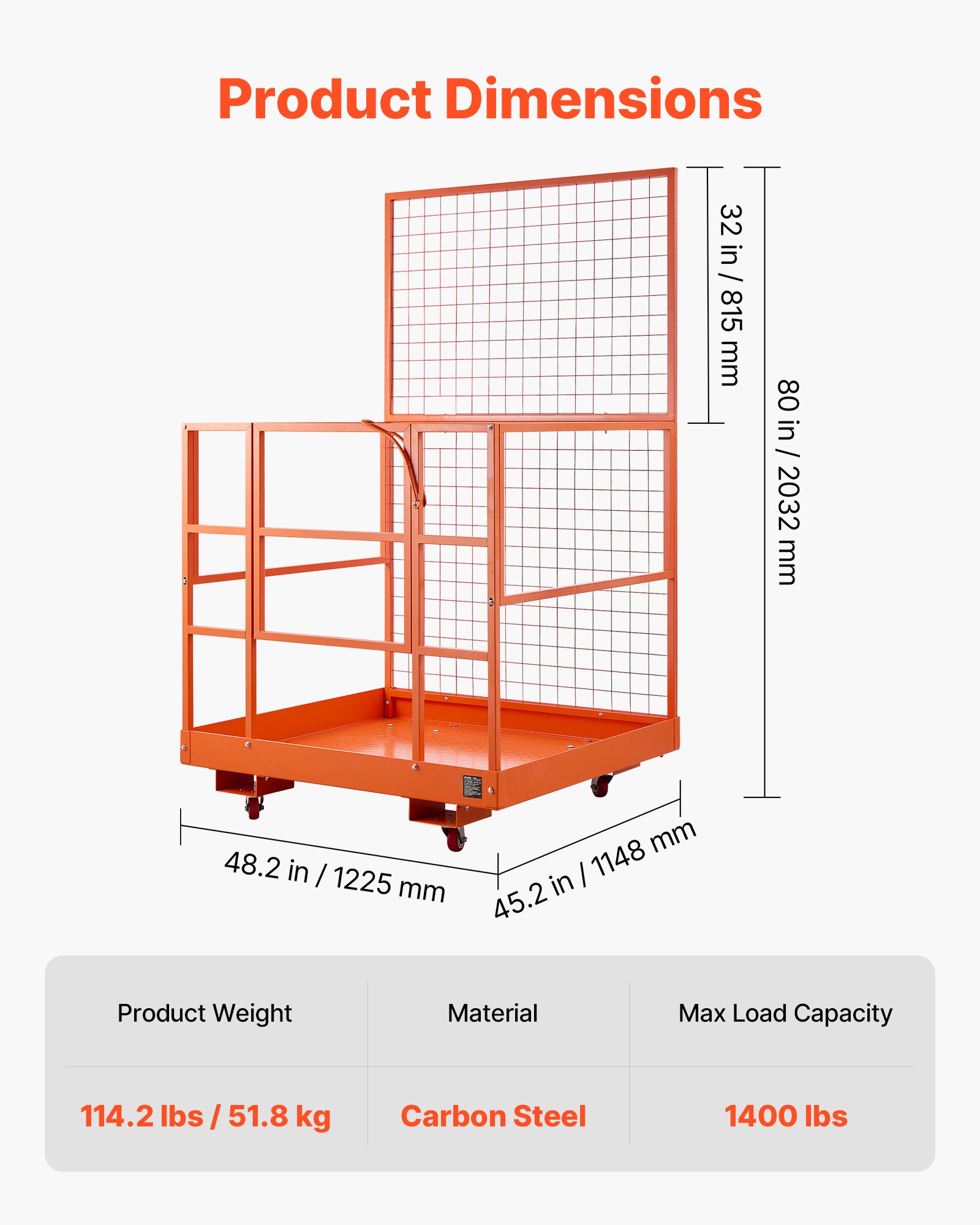 VEVOR Forklift Safety Cage, 1225 x 1148 mm, Heavy Duty Forklift Man Basket, 635.03 kg Capacity Collapsible Work Platform Lift Basket with 4 Wheels, Lock, Drain Hole, for Aerial Work Lifting Loader