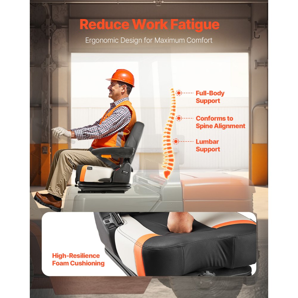 VEVOR Universal Forklift Seat, Tractor Suspension Seat with Adjustable Back, Armrest & Safety Belt, Secure Fold Down Tractor Seat with Micro Switch, Lawnmower Seat for Skid Loader Bulldozer