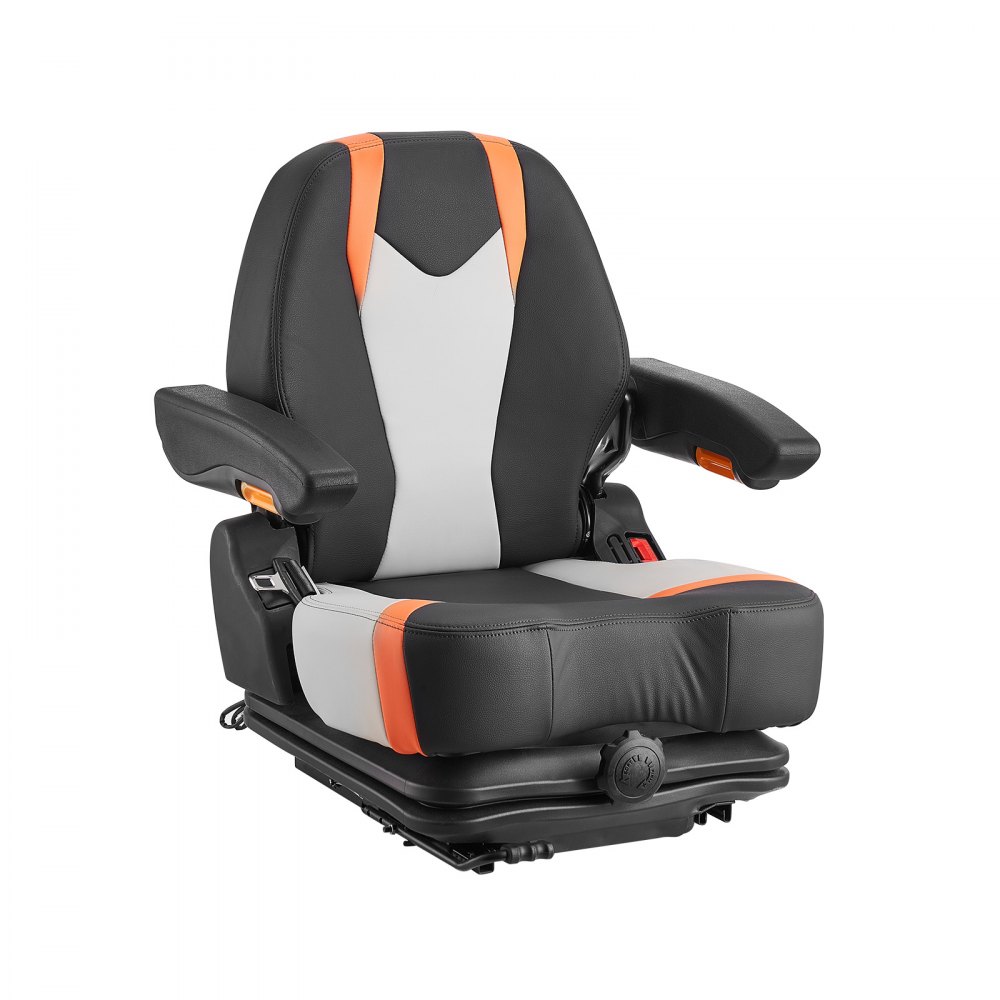 Asiento universal para montacargas VEVOR, asiento con suspensión para tractor con respaldo ajustable, reposabrazos y cinturón de seguridad, asiento plegable seguro con microinterruptor, asiento para cortacésped, excavadora y minicargadora.