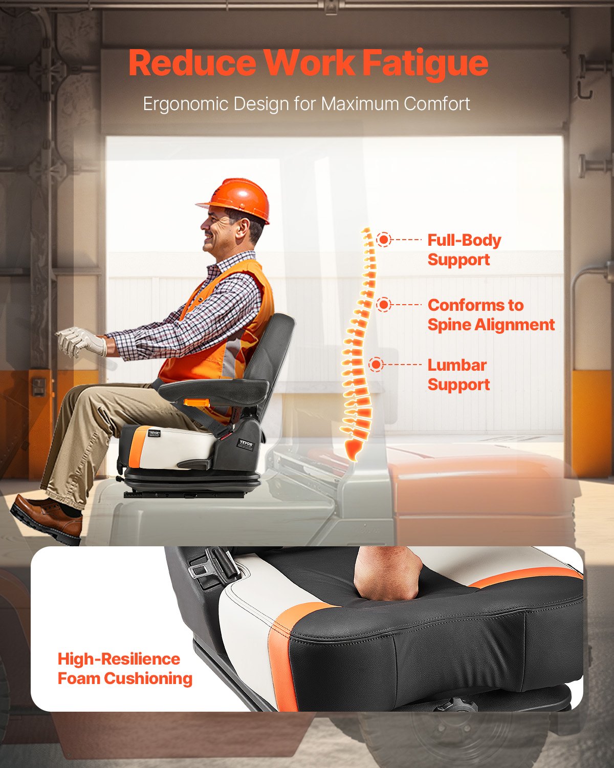 VEVOR Universal Forklift Seat, Tractor Suspension Seat with Adjustable Back, Armrest & Safety Belt, Secure Fold Down Tractor Seat with Micro Switch, Lawnmower Seat for Skid Loader Bulldozer