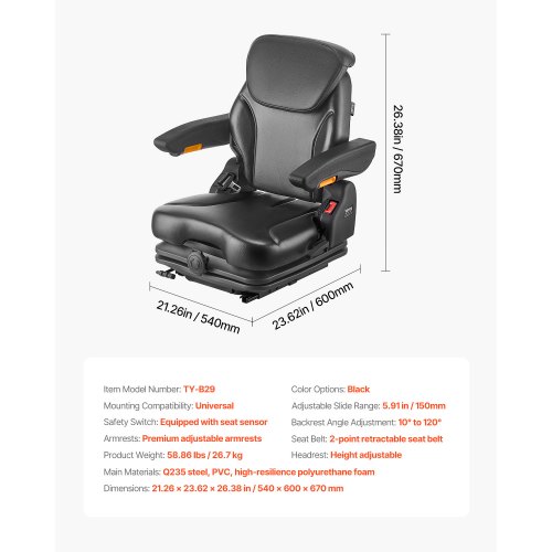 thumbnail image 2 of Universal Forklift Seat With Suspension – Fold Down, Adjustable Backrest & Headrest, Armrests 2 of 5