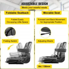 VEVOR Universal Forklift Seat Black PVC Tractor Seat, 6"/150MM Adjustable Mower Seat Foldable Seat Including Armrests, Seat Belt, Seat Switch, Skid Steer Seat Fit Forklift, Tractor, Skid Loader