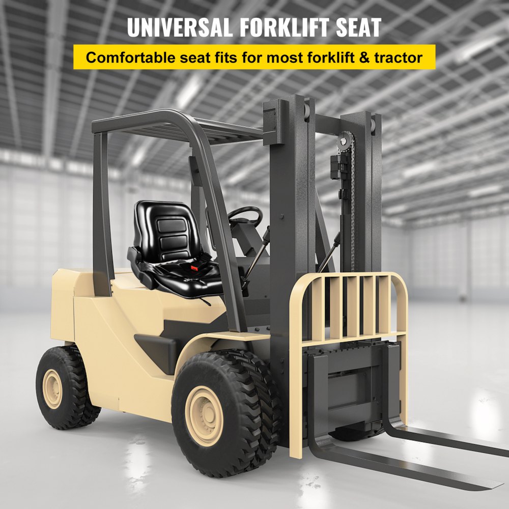 VEVOR Universal Forklift Seat Black PVC Tractor Seat, 6"/150MM Adjustable Mower Seat Foldable Seat including Seat Belt&Seat Switch, 18.5" x 20" x 18" Skid Steer Seat Fit Forklift, Tractor, Skid Loader