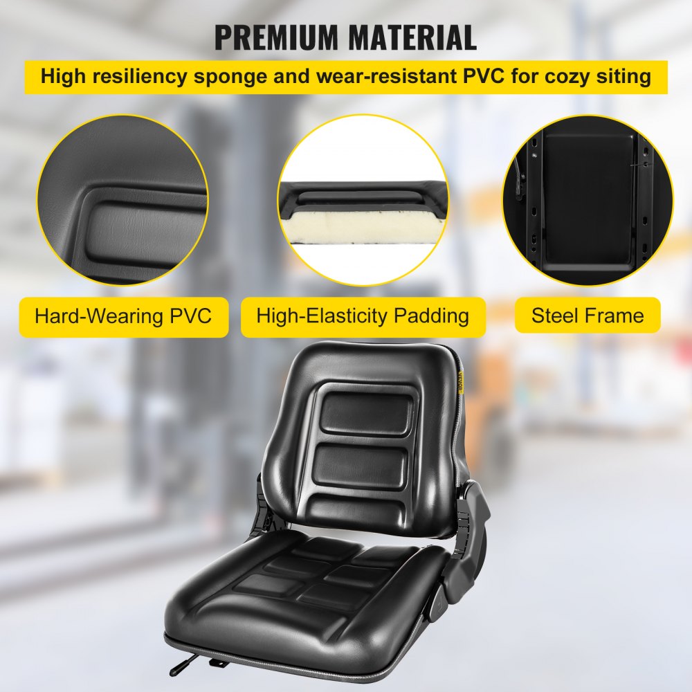 VEVOR Universal Forklift Seat, Black PVC Tractor Seat, 6"/150MM Adjustable Mower Seat, Foldable Seat Including Seat Switch, 18.5" x 20" x 18" Skid Steer Seat, Fit Forklift, Tractor, Skid Loader