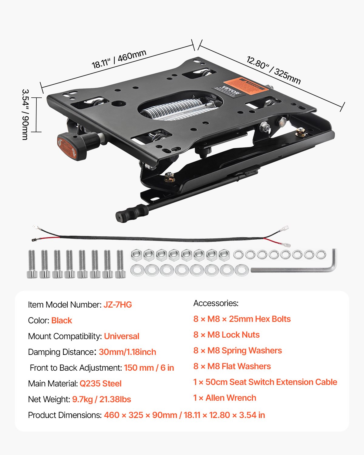 VEVOR Seat Suspension Kit with Seat Slider Track, Universal Air Ride Seat Suspension for Zero Turn Lawn Mower,  6in Front-to-Back Adjustable, Tractor Seat Suspension ‎Kit for Forklift, Bulldozers
