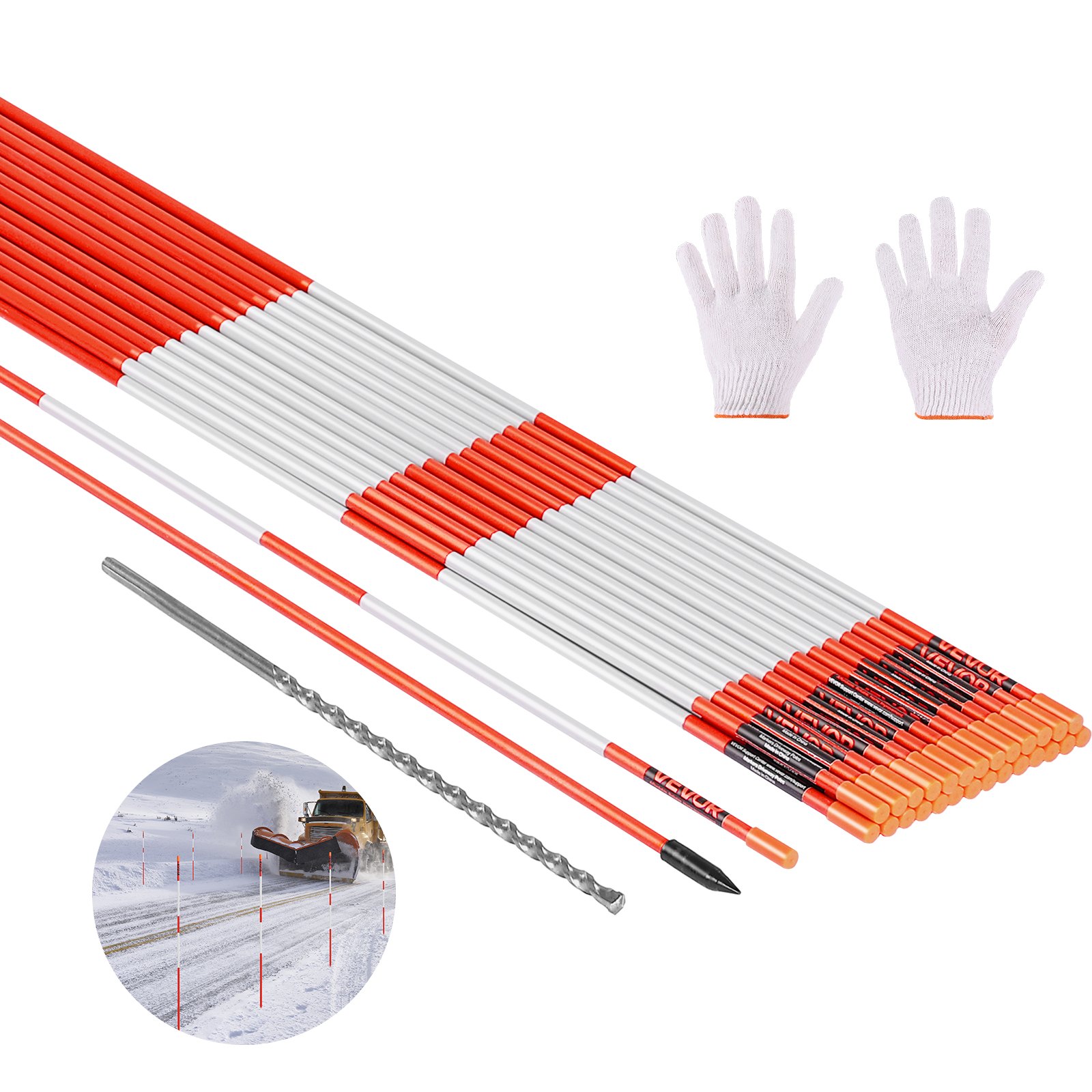 VEVOR Driveway Markers, 200Pcs 48 in Long 1/4 in Dia, Hi-Visibility Driveway Reflectors with 12 in Steel Drill Bits, Reflective Snow Sticks Fiberglass Pole for Parking Lots, Walkways, Snow Plowing