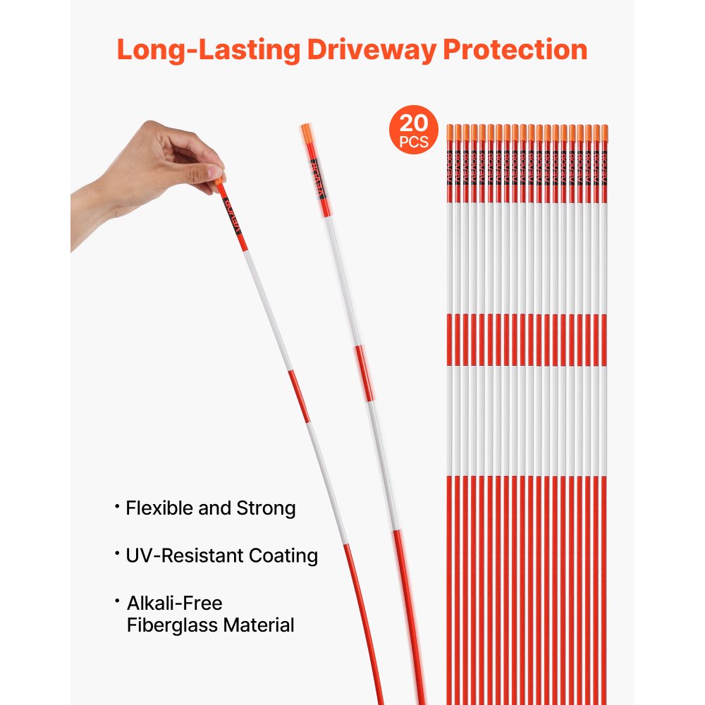 VEVOR Driveway Markers, 20Pcs 48 in Long 1/4 in Dia, Hi-Visibility Driveway Reflectors with 12 in Steel Drill Bits, Reflective Snow Sticks Fiberglass Pole for Parking Lots, Walkways, Snow Plowing