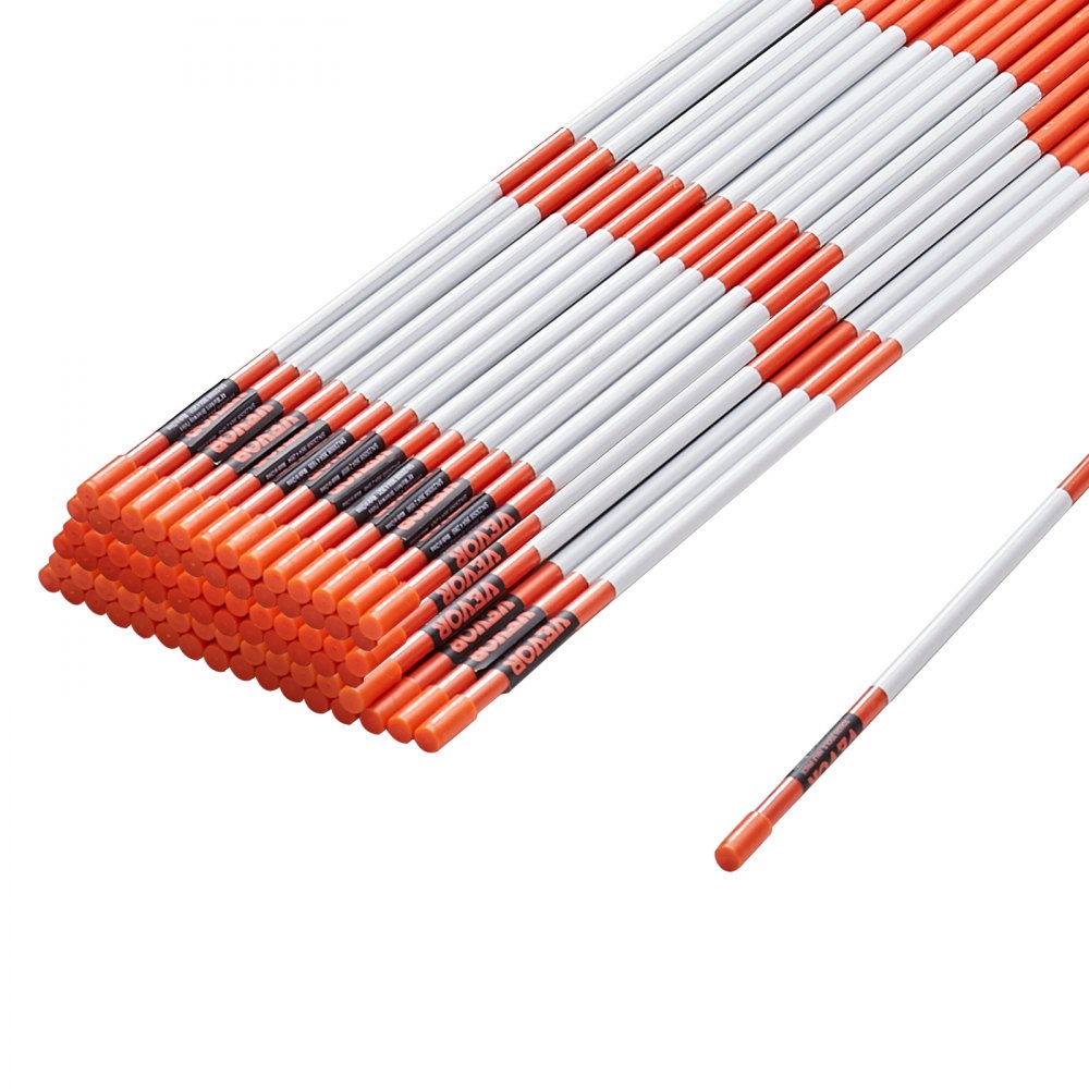 VEVOR Driveway Markers, 100 PCS 48 inch, 0.31 inch Diameter, Orange Fiberglass Poles Snow Stakes with Reflective Tape, 12" Steel Drill Bit & Protection Gloves for Parking Lots, Walkways Easy Visibility