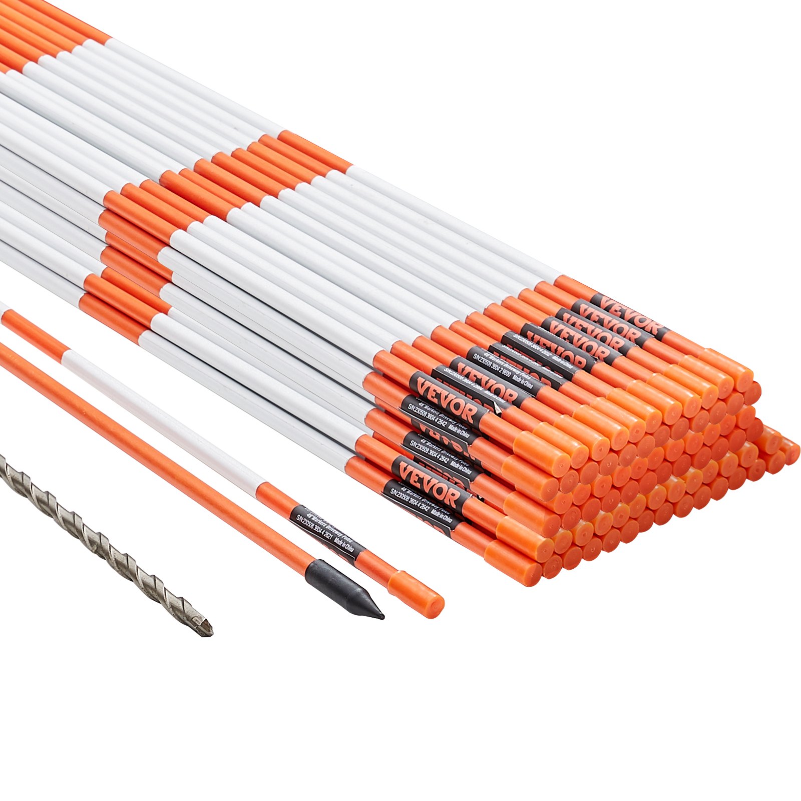 VEVOR Driveway Markers, 100 PCS 48 inch, 0.31 inch Diameter, Orange Fiberglass Poles Snow Stakes with Reflective Tape, 12" Steel Drill Bit & Protection Gloves for Parking Lots, Walkways Easy Visibility