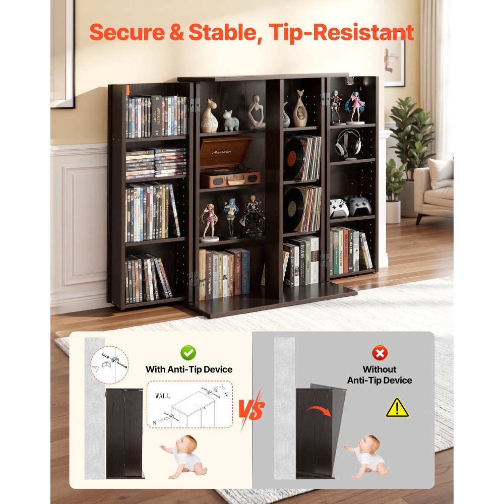VEVOR Media Storage Cabinet, 4-Tier DVD Shelf Organizer, 610 x 368 x 846 mm Multimedia Storage Organizer for CDs, DVDs, Books, Games, CD Shelf for Living Room, Home Office, Recording Room, Brown
