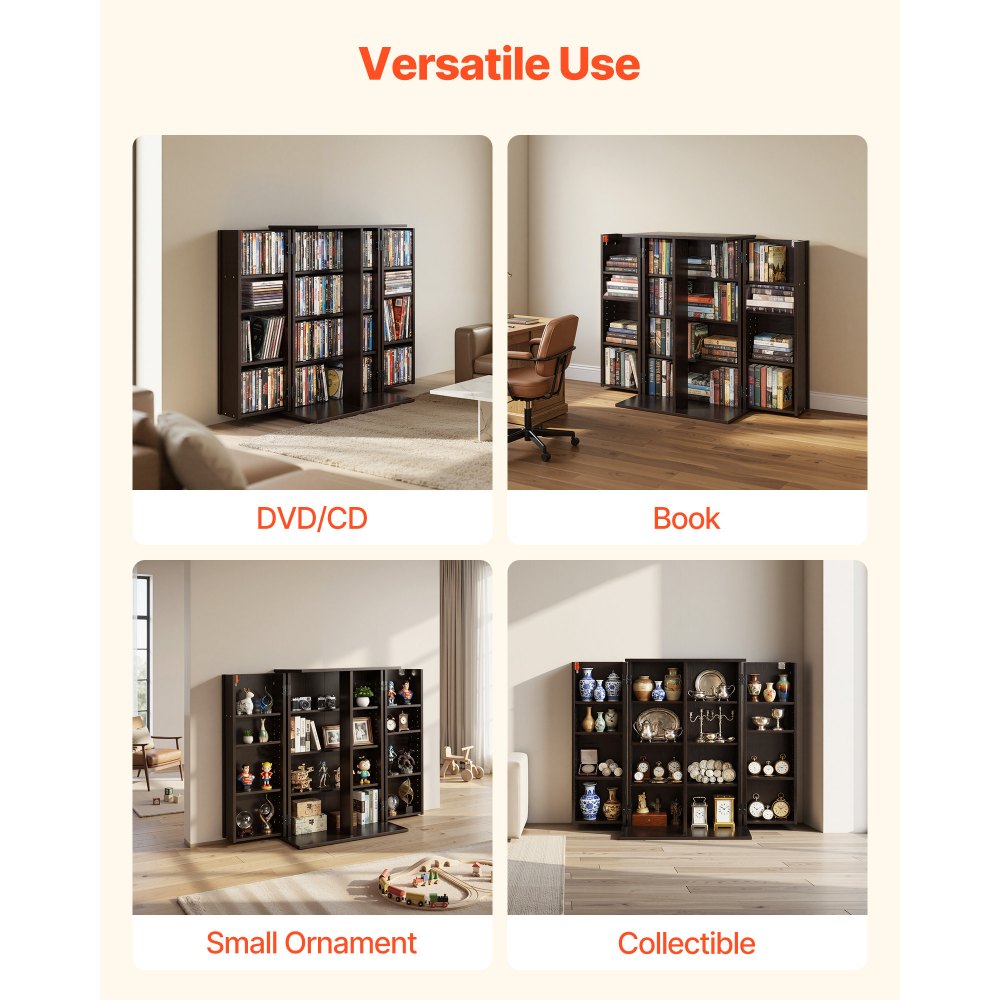 VEVOR Media Storage Cabinet, 4-Tier DVD Shelf Organizer, 610 x 368 x 846 mm Multimedia Storage Organizer for CDs, DVDs, Books, Games, CD Shelf for Living Room, Home Office, Recording Room, Brown