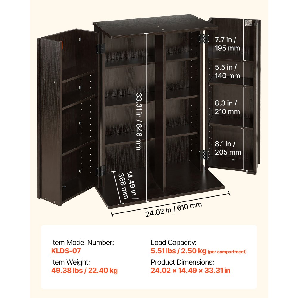 VEVOR Media Storage Cabinet, 4-Tier DVD Shelf Organizer, 610 x 368 x 846 mm Multimedia Storage Organizer for CDs, DVDs, Books, Games, CD Shelf for Living Room, Home Office, Recording Room, Brown