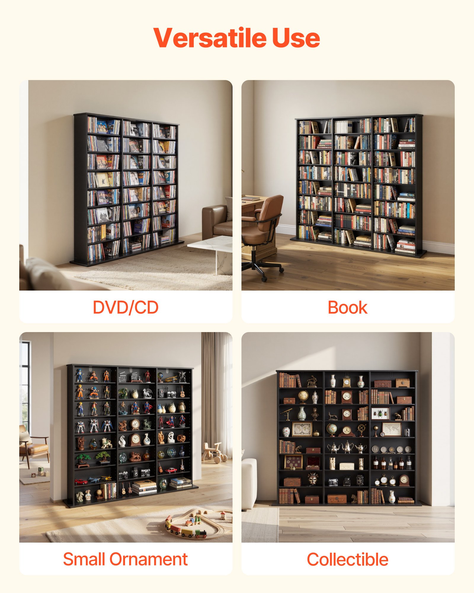 VEVOR Media Storage Cabinet, 8-Tier DVD Shelf Organizer, 142 x 22 x 130 cm Multimedia Storage Organizer for CDs, DVDs, Books & Games, CD Shelf for Living Room, Home Office, Recording Room, Black