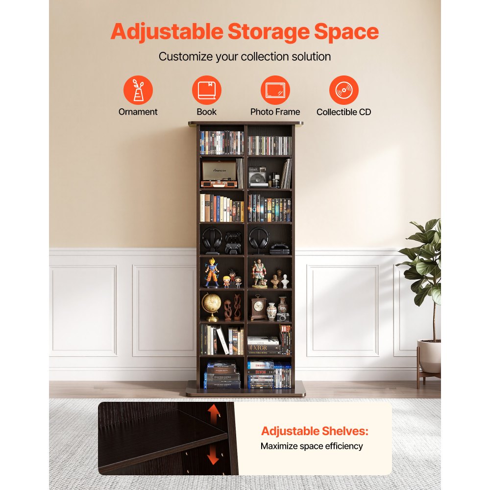 VEVOR Media Storage Cabinet, 8-Tier DVD Shelf Organizer, 559 x 222 x 1295 mm Multimedia Storage Organizer for CDs, DVDs, Books and Games, CD Shelf for Living Room, Home Office, Recording Room