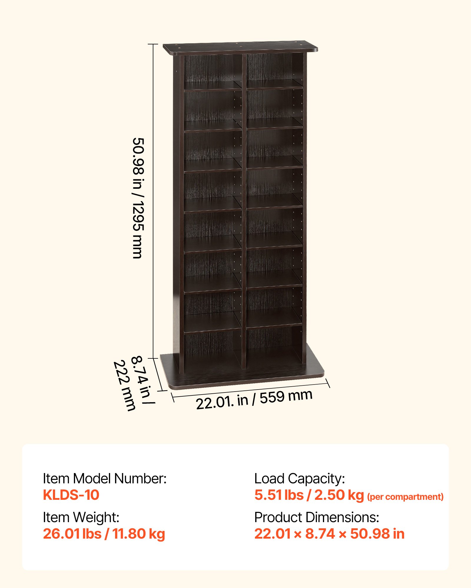 VEVOR Media Storage Cabinet, 8-Tier DVD Shelf Organizer, 559 x 222 x 1295 mm Multimedia Storage Organizer for CDs, DVDs, Books and Games, CD Shelf for Living Room, Home Office, Recording Room