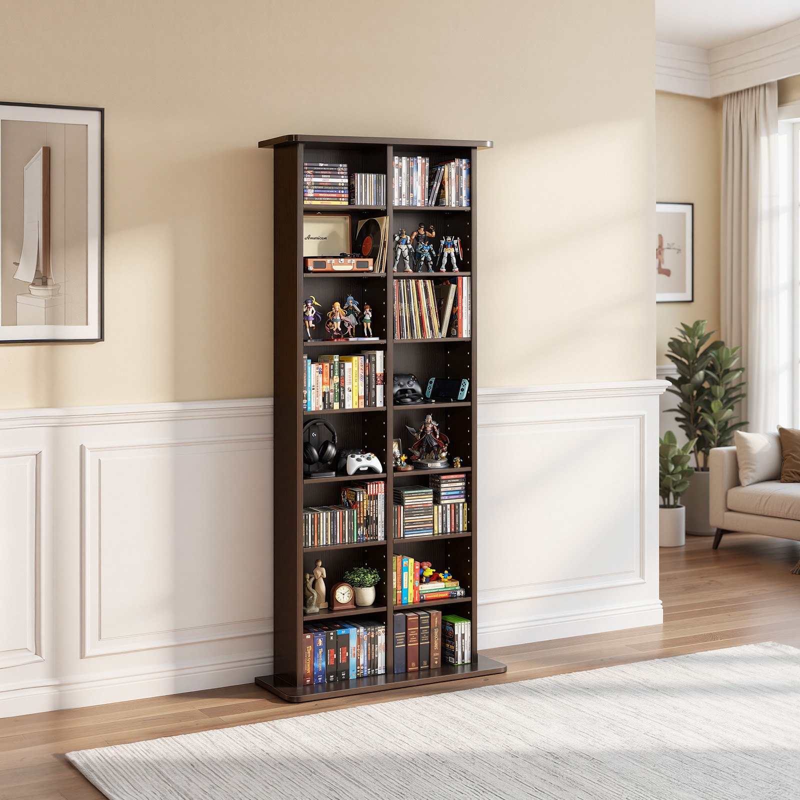 VEVOR Media Storage Cabinet, 8-Tier DVD Shelf Organizer, 559 x 222 x 1295 mm Multimedia Storage Organizer for CDs, DVDs, Books and Games, CD Shelf for Living Room, Home Office, Recording Room