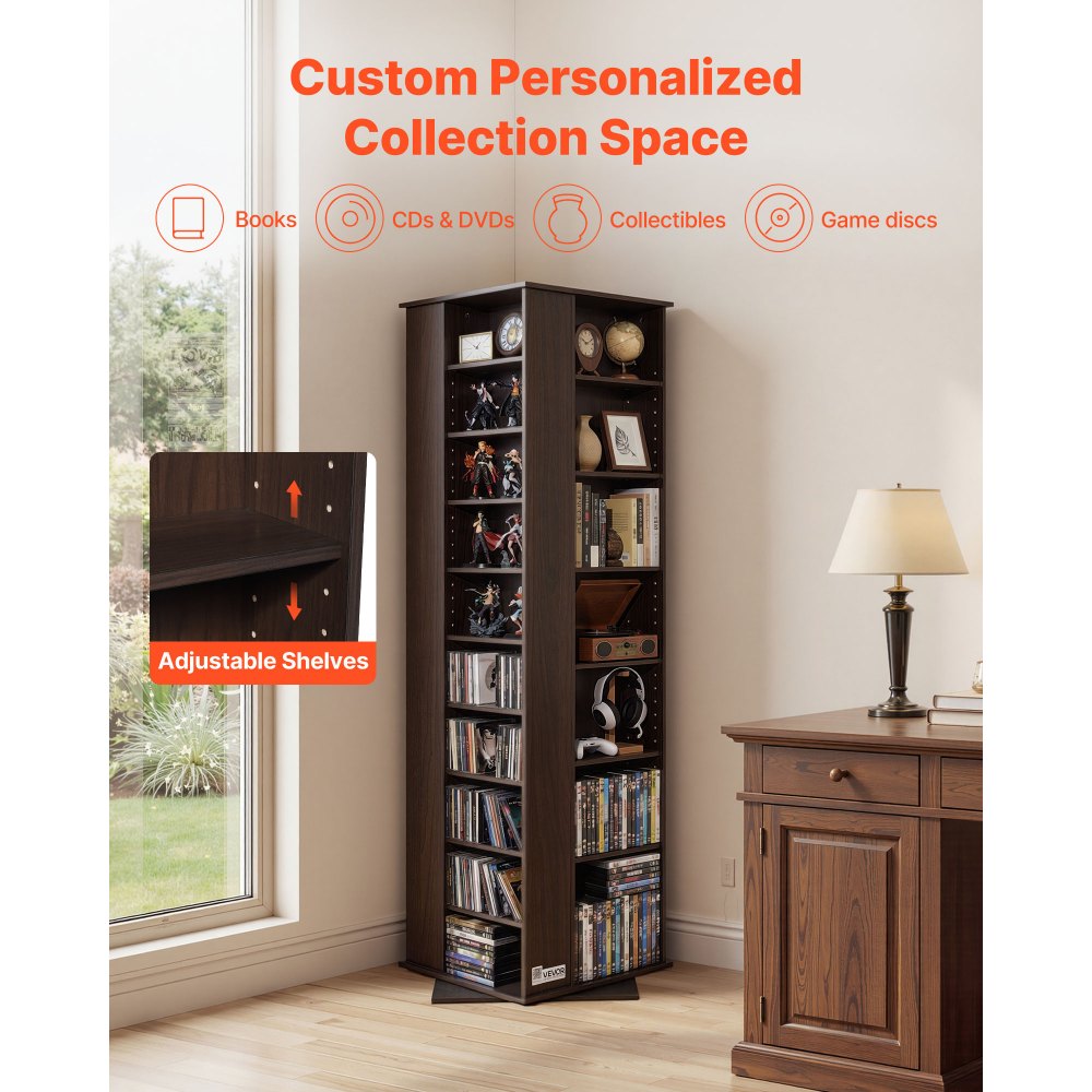 VEVOR Media Storage Cabinet, CD Rack Tower, 34 Compartments Rotating Media Tower Rack for CDs, DVDs, Books and Game Discs, DVD Stand for Living Room, Home Office and Recording Room, Brown