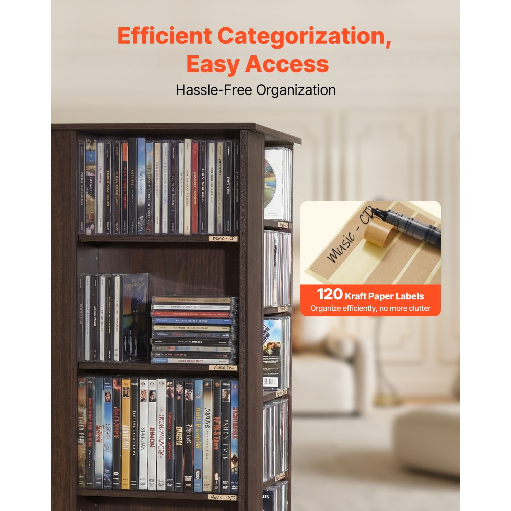 VEVOR Media Storage Cabinet, CD Rack Tower, 34 Compartments Rotating Media Tower Rack for CDs, DVDs, Books and Game Discs, DVD Stand for Living Room, Home Office and Recording Room, Brown