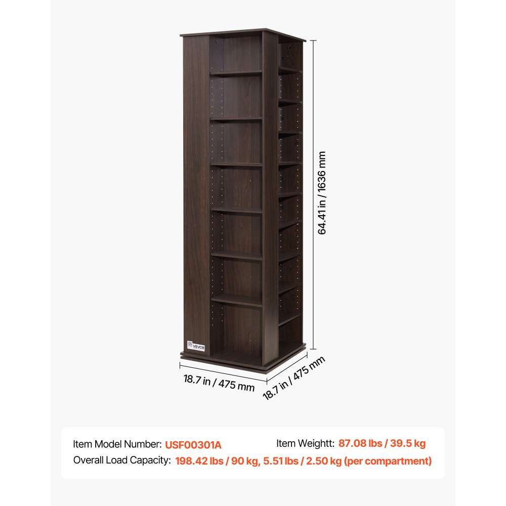 VEVOR Media Storage Cabinet, CD Rack Tower, 34 Compartments Rotating Media Tower Rack for CDs, DVDs, Books and Game Discs, DVD Stand for Living Room, Home Office and Recording Room, Brown