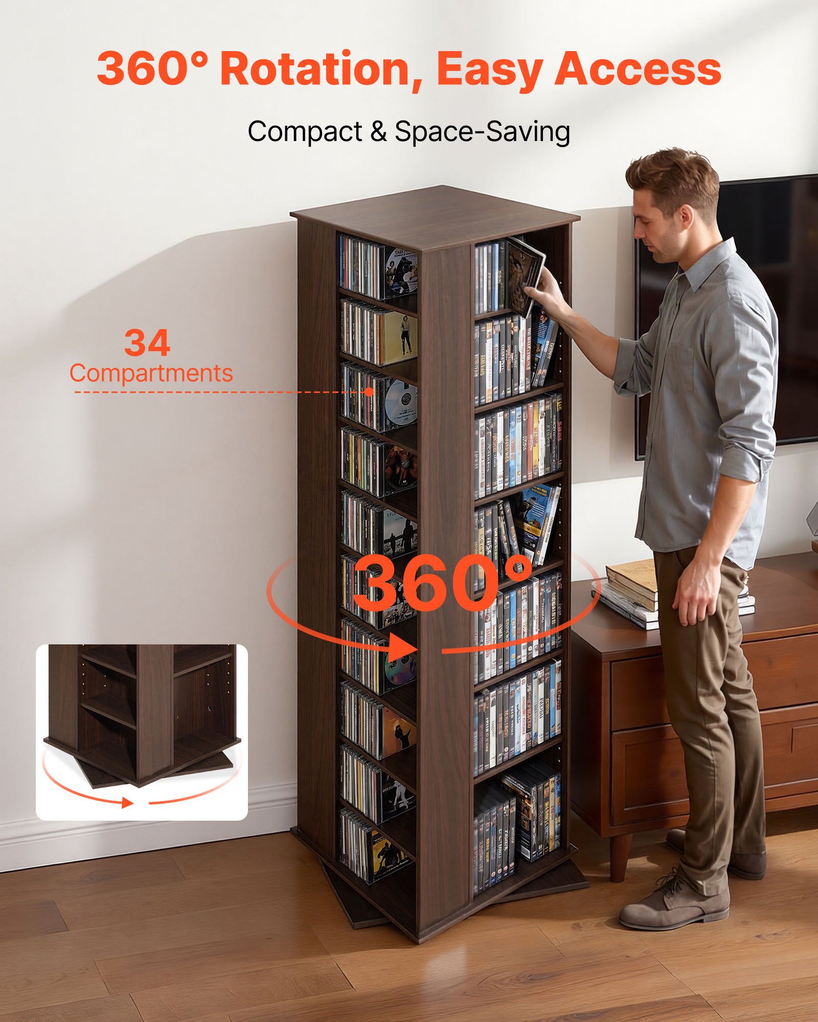 VEVOR Media Storage Cabinet, CD Rack Tower, 34 Compartments Rotating Media Tower Rack for CDs, DVDs, Books and Game Discs, DVD Stand for Living Room, Home Office and Recording Room, Brown