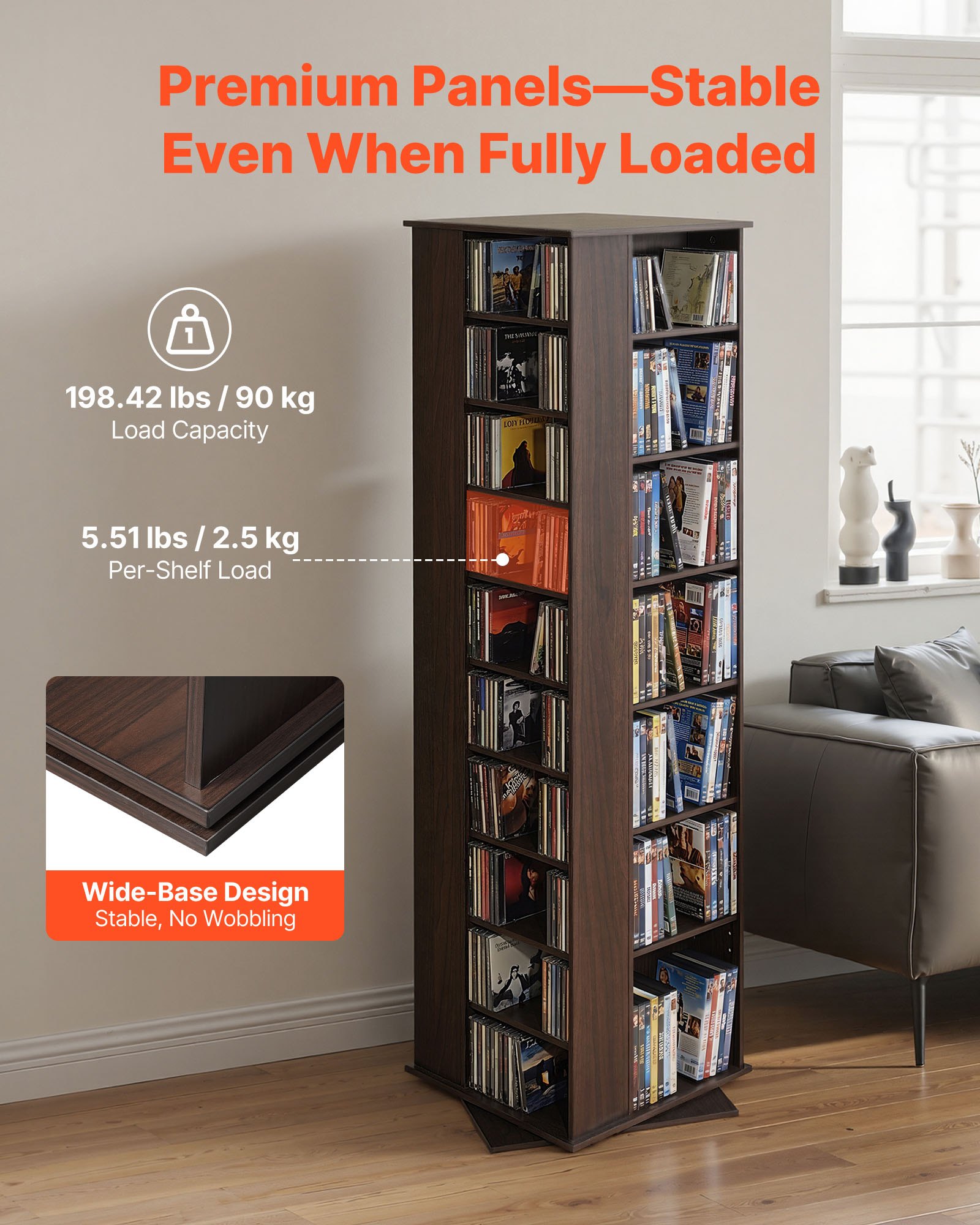 VEVOR Media Storage Cabinet, CD Rack Tower, 34 Compartments Rotating Media Tower Rack for CDs, DVDs, Books and Game Discs, DVD Stand for Living Room, Home Office and Recording Room, Brown