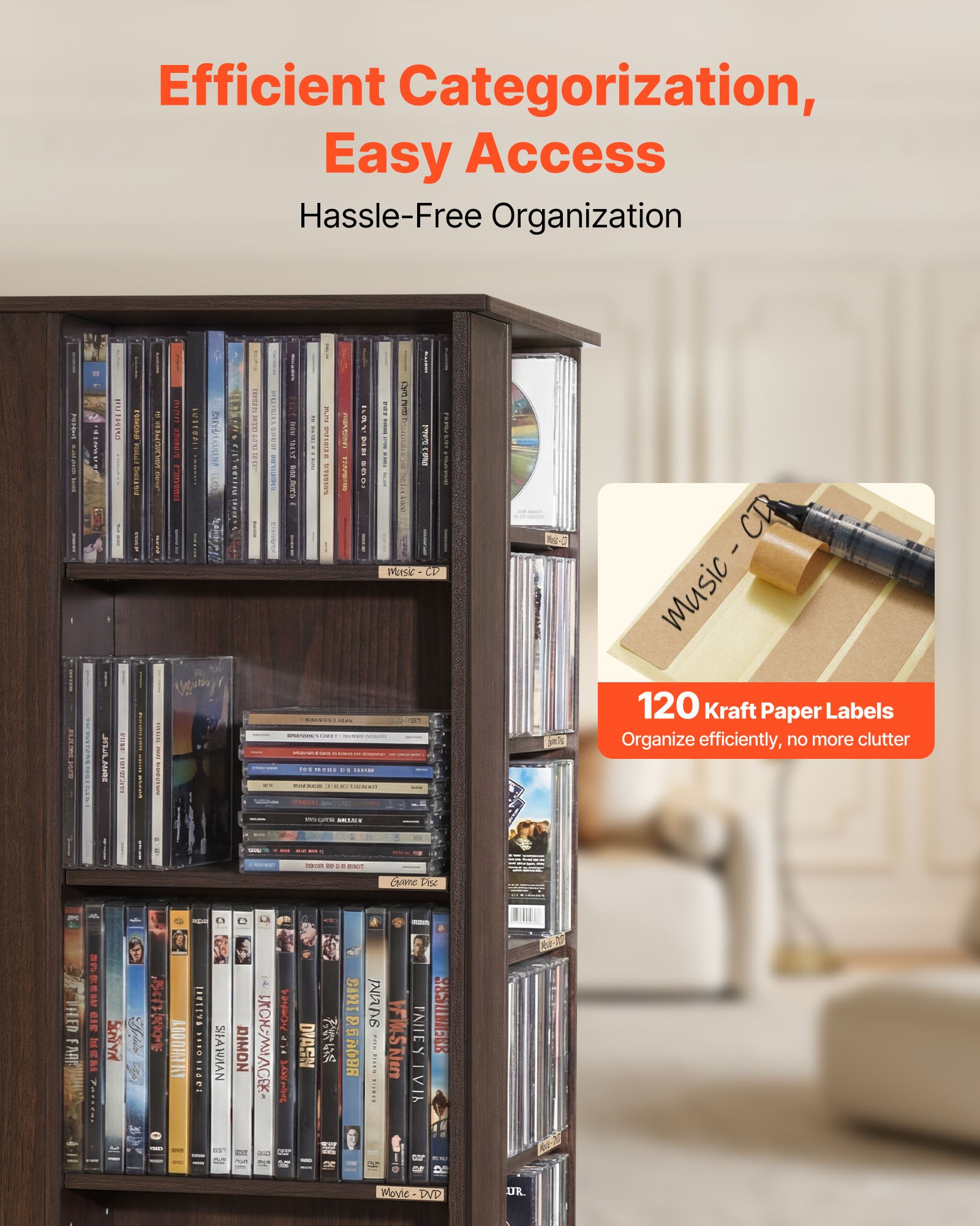 VEVOR Media Storage Cabinet, CD Rack Tower, 34 Compartments Rotating Media Tower Rack for CDs, DVDs, Books and Game Discs, DVD Stand for Living Room, Home Office and Recording Room, Brown