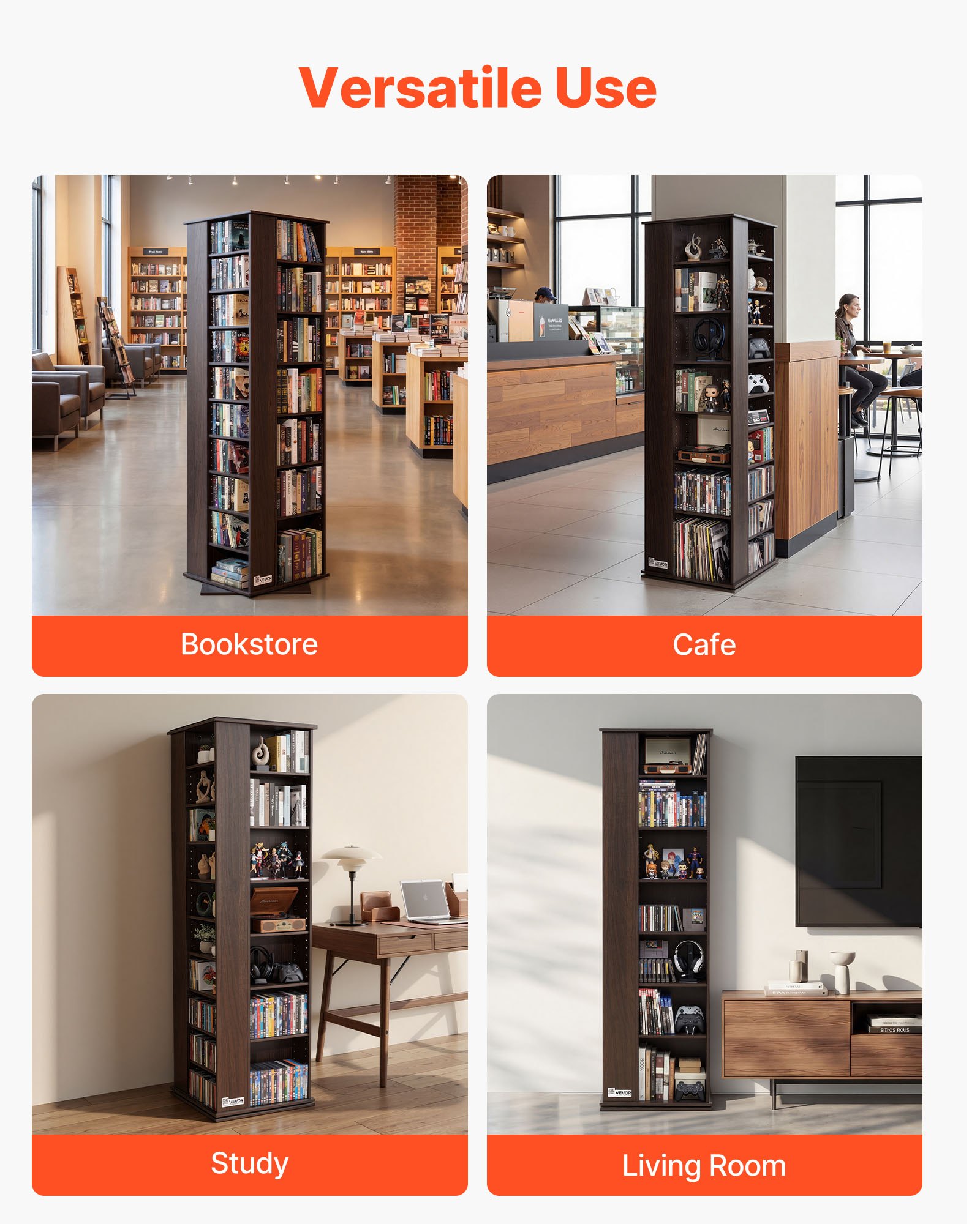 VEVOR Media Storage Cabinet, CD Rack Tower, 34 Compartments Rotating Media Tower Rack for CDs, DVDs, Books and Game Discs, DVD Stand for Living Room, Home Office and Recording Room, Brown