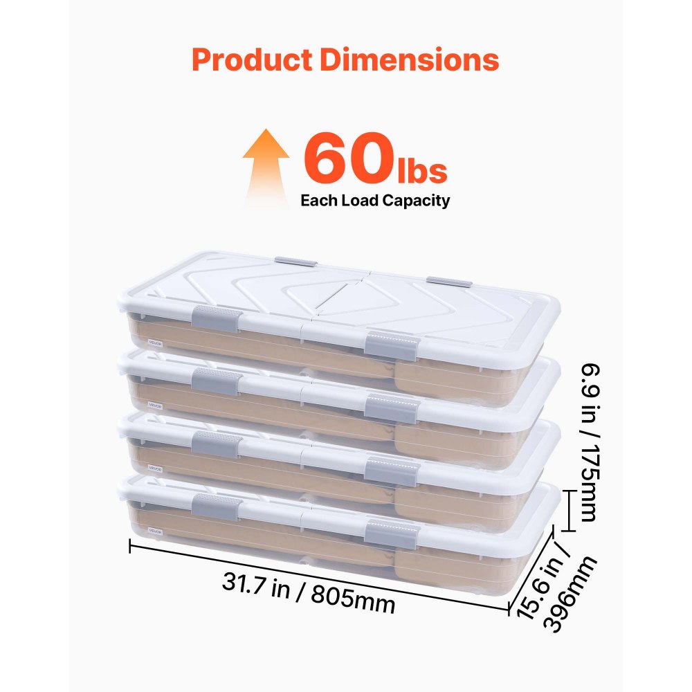 VEVOR Under Bed Storage with Wheels, 31.7 x 15.6 x 6.9 inch Underbed Containers, Underbed Shoes Organizer with Lid & Gray Latch, Rolling Under the Bed Storage Bins for Clothes Shoes Blankets, 4 Pack