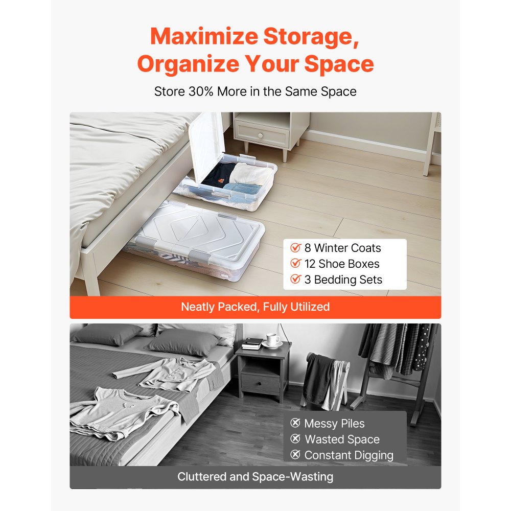 VEVOR Under Bed Storage with Wheels, 31.7 x 15.6 x 6.9 inch Underbed Containers, Underbed Shoes Organizer with Lid & Gray Latch, Rolling Under the Bed Storage Bins for Clothes Shoes Blankets, 4 Pack