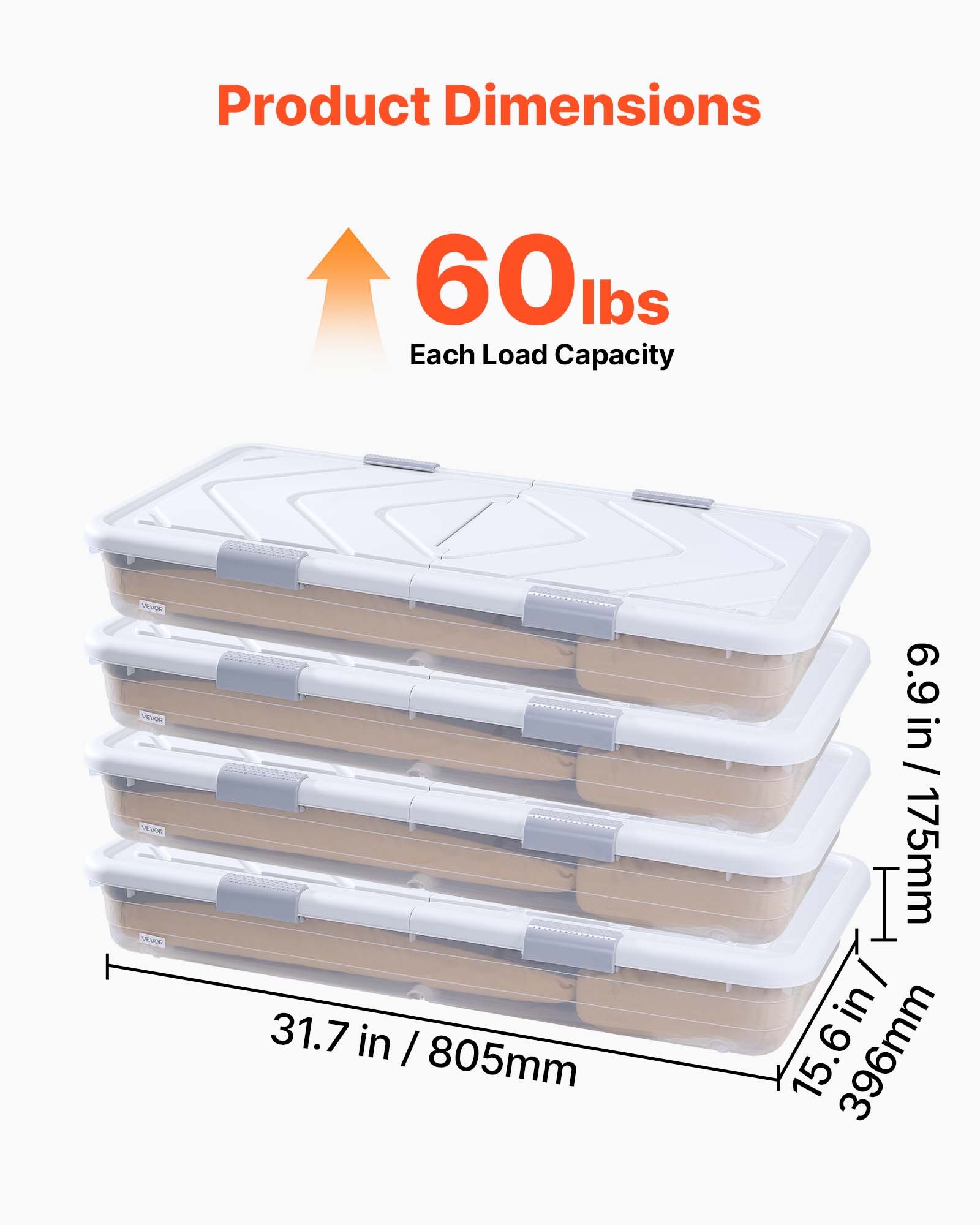 VEVOR Under Bed Storage with Wheels, 31.7 x 15.6 x 6.9 inch Underbed Containers, Underbed Shoes Organizer with Lid & Gray Latch, Rolling Under the Bed Storage Bins for Clothes Shoes Blankets, 4 Pack