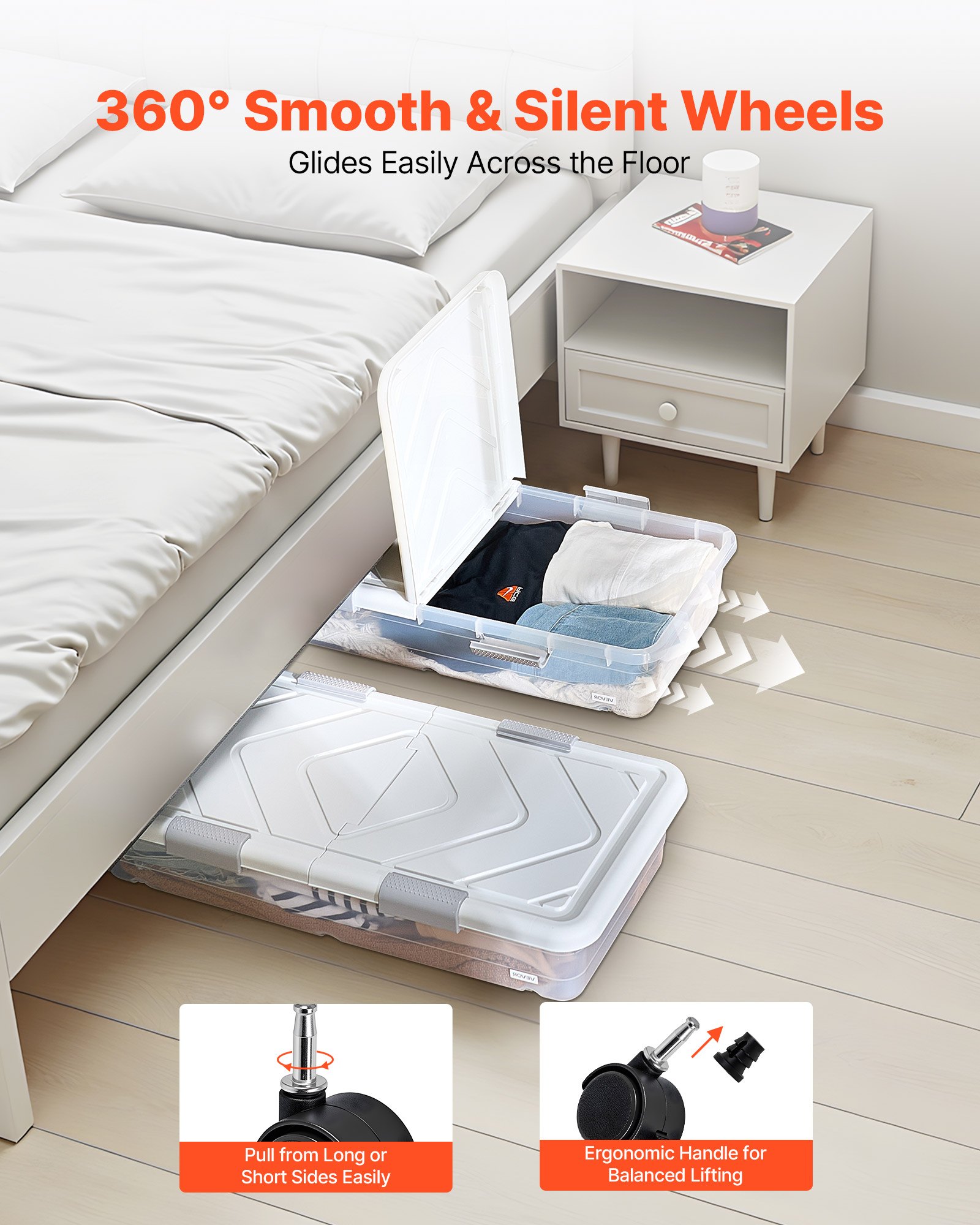 VEVOR Under Bed Storage with Wheels, 805 x 396 x 175 mm Underbed Containers, Underbed Shoes Organizer with Lid and Gray Latch, Rolling Under the Bed Storage Bins for Clothes Shoes Blankets, 4 Pack