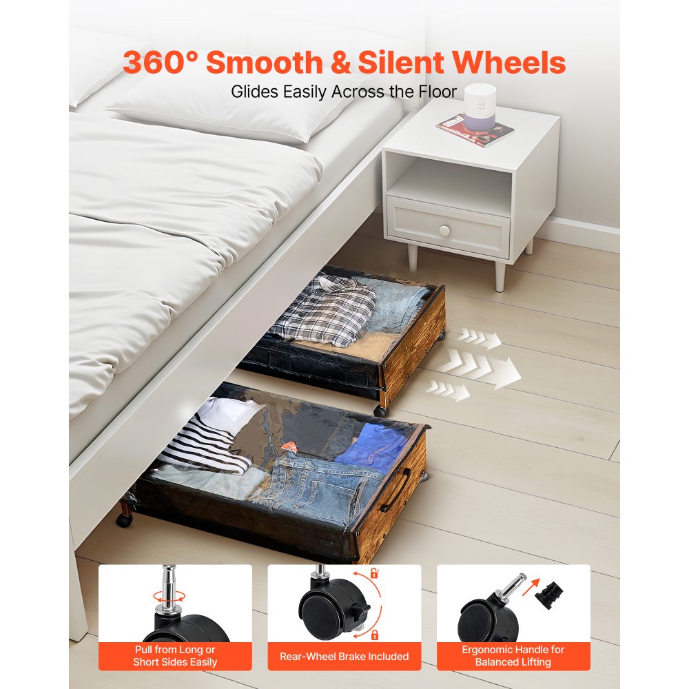 VEVOR Under Bed Storage with Wheels, 650 x 460 x 180 mm Underbed Containers, Underbed Shoes Organizer with Lockable Wheels, Rolling Under the Bed Storage Bins for Clothes, Shoes, Blankets, 2 Pack
