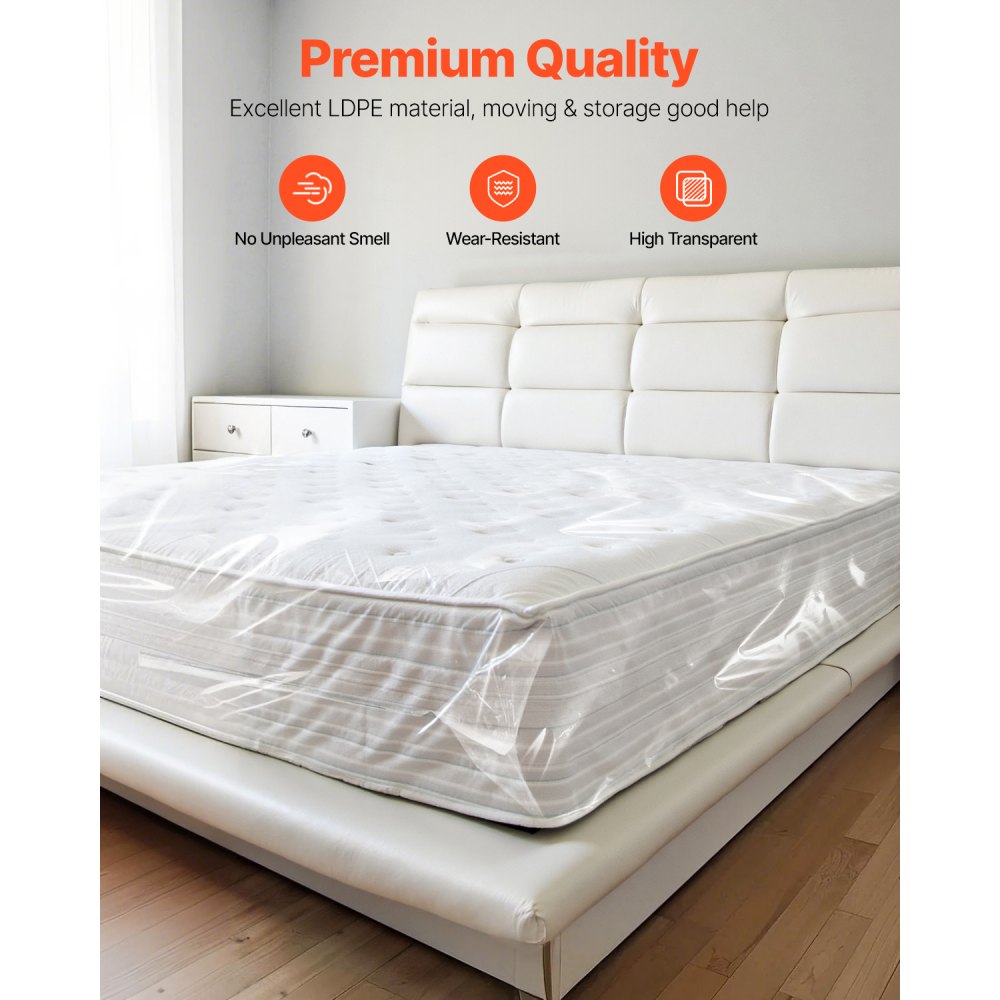 VEVOR Plastic Mattress Bag, 2 Mil Thick Mattress Storage Bag, Wear-Resistant and Waterproof Plastic Bed Cover with Reinforced Corner Design, Heavy-Duty Mattress Moving Supplies (2 Pack, Queen Size)