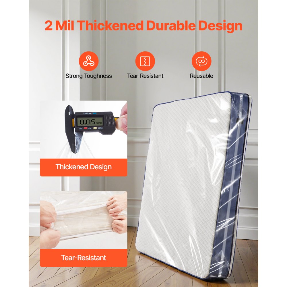 VEVOR Plastic Mattress Bag, 2 Mil Thick Mattress Storage Bag, Wear-Resistant and Waterproof Plastic Bed Cover with Reinforced Corner Design, Heavy-Duty Mattress Moving Supplies (2 Pack, Queen Size)
