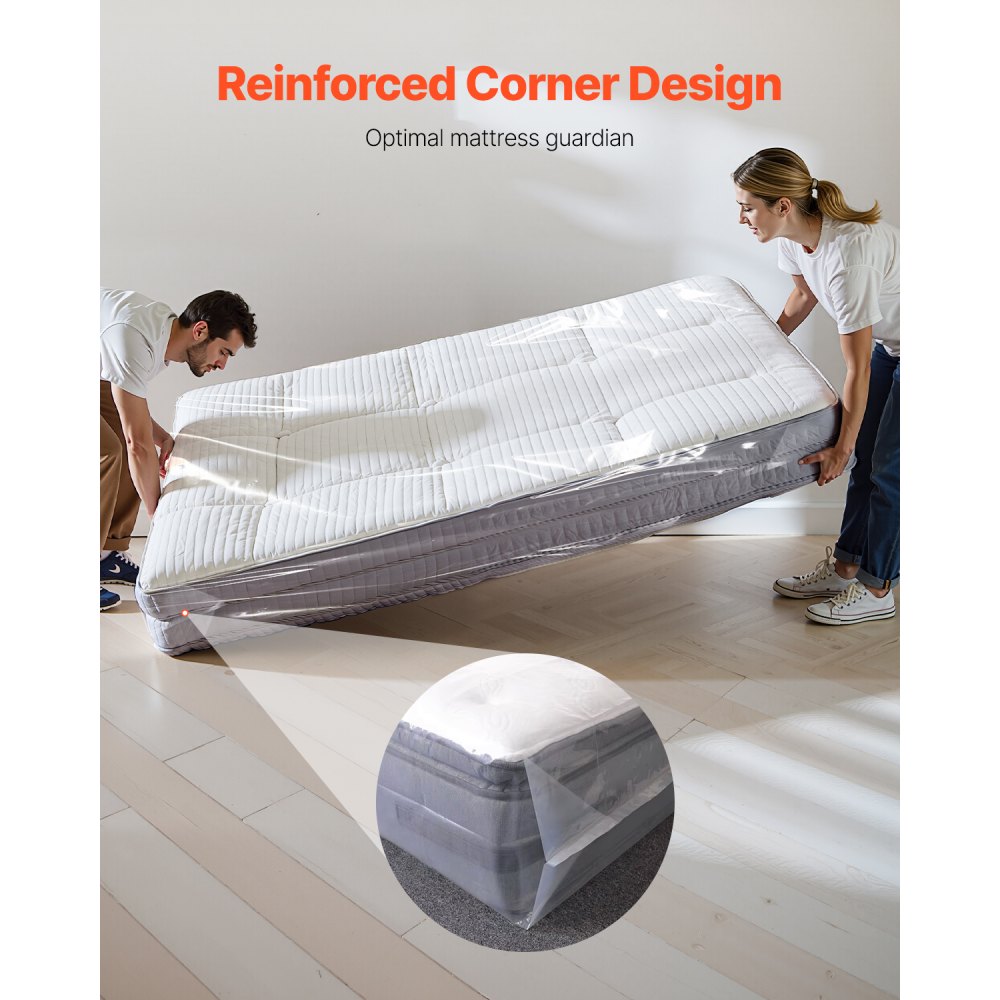 VEVOR Plastic Mattress Bag, 2 Mil Thick Mattress Storage Bag, Wear-Resistant and Waterproof Plastic Bed Cover with Reinforced Corner Design, Heavy-Duty Mattress Moving Supplies (2 Pack, Queen Size)
